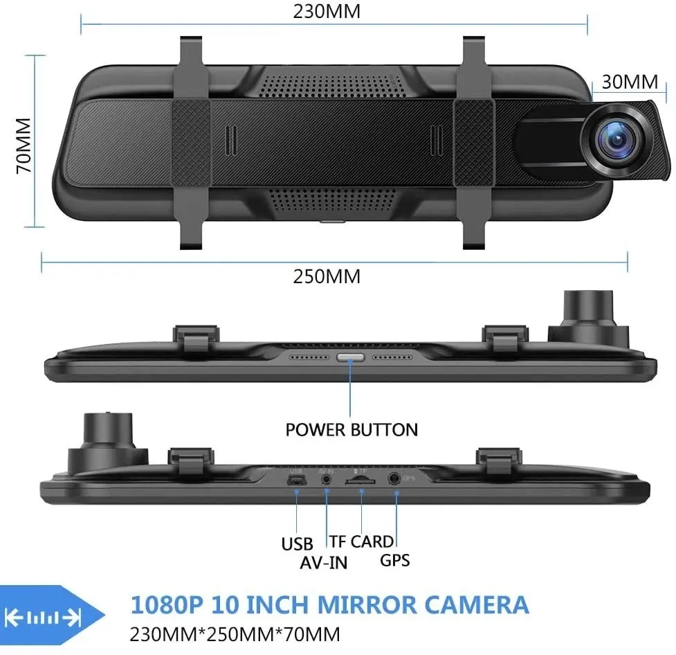 Junsun Backup Camera 10 inch Mirror Dash Cam Dual Lens Front Rear Dash Camera 1080P Full Touch Screen Video Streaming Rear View Mirror Loop Recording,