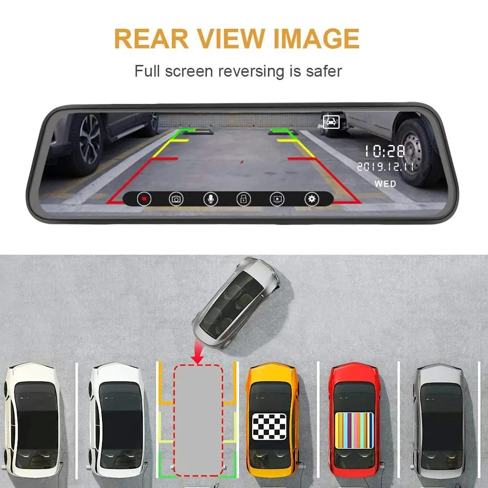 Junsun Mirror Dash Cam Backup Camera 10 Inch Touch Screen 1080P Stream Media Dual Lens Full HD