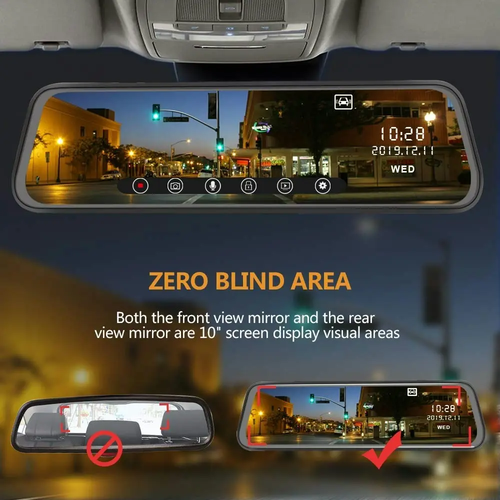 Junsun Mirror Dash Cam Backup Camera 10 Inch Touch Screen 1080P Stream Media Dual Lens Full HD