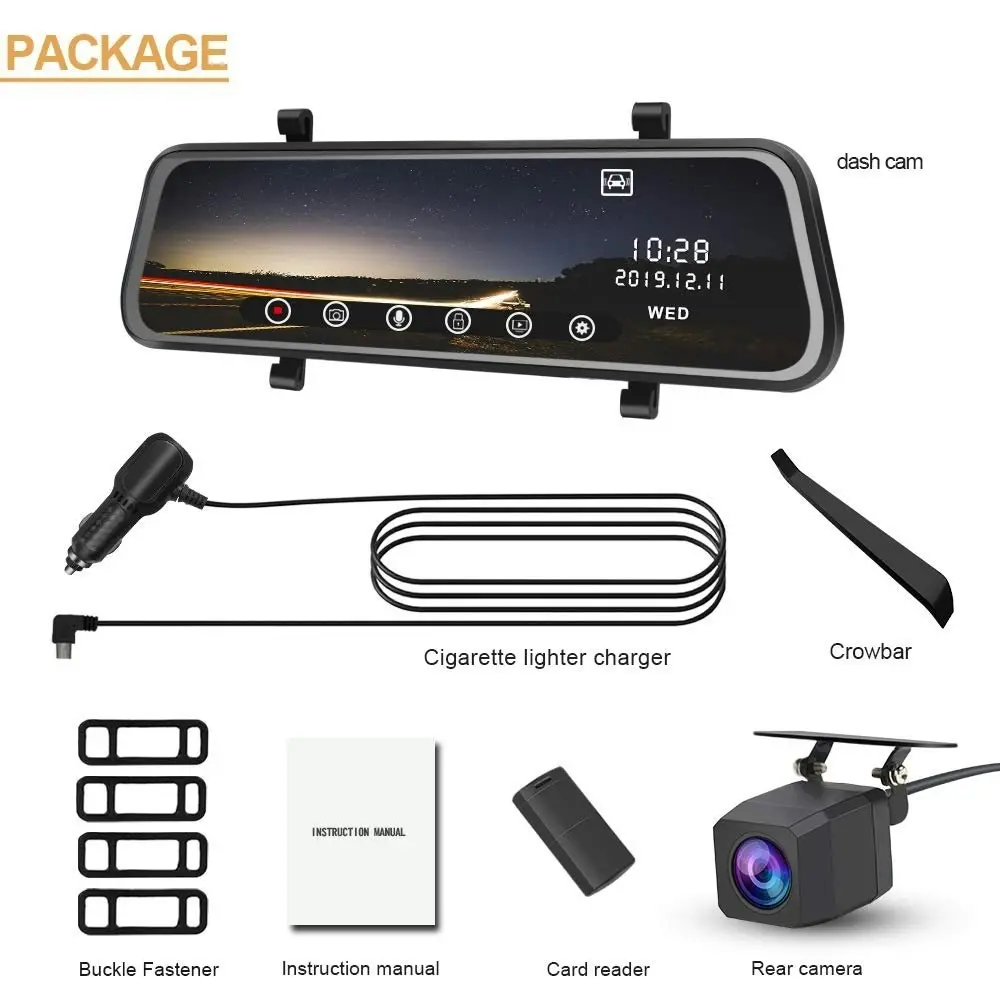 Junsun Mirror Dash Cam Backup Camera 10 Inch Touch Screen 1080P Stream Media Dual Lens Full HD