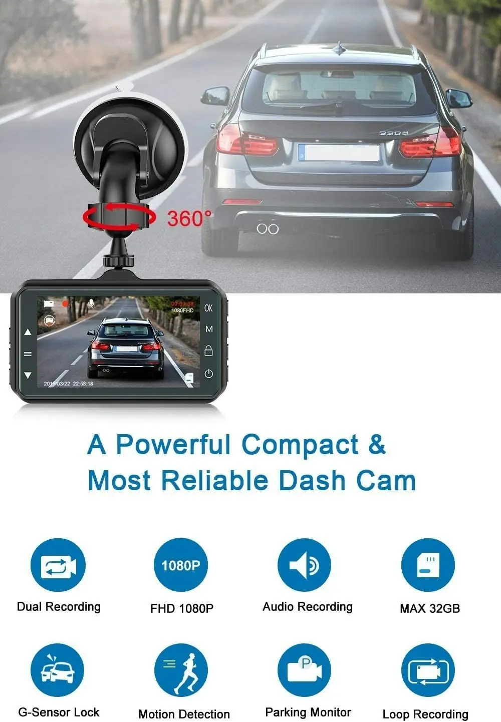 CHORTAU Dash Cam Front and Rear Dual Dash Cam 3 inch Dashboard Camera Full HD 170° Wide Angle Backup Camera with Night Vision WDR G-Sensor Parking Mon