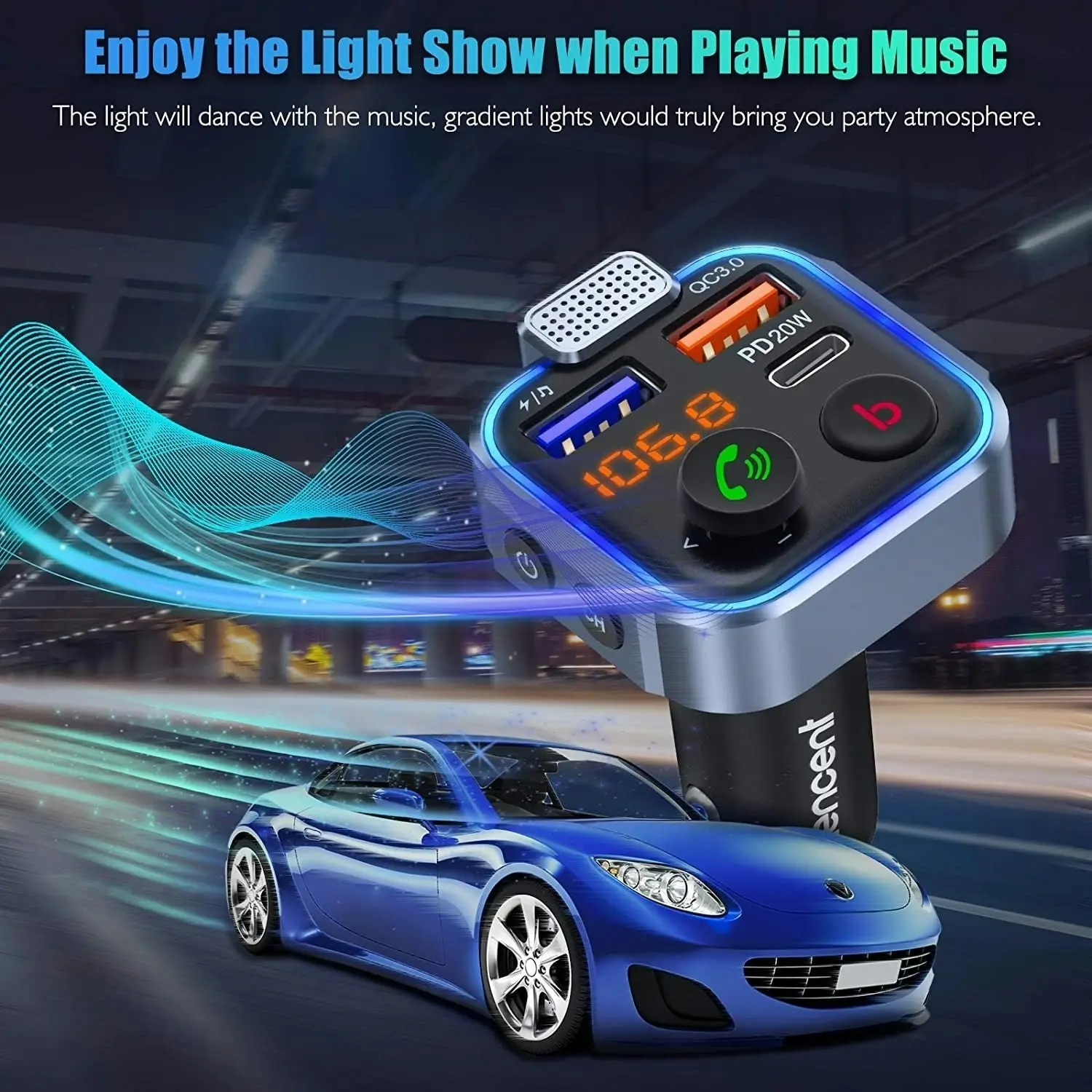 LENCENT FM Transmitter in-Car Adapter, Wireless Bluetooth 5.0 Radio Car Kit,Type-C PD 20W+ QC3.0 Fast USB Charger,Hands Free Calling, Mp3 Player Recei