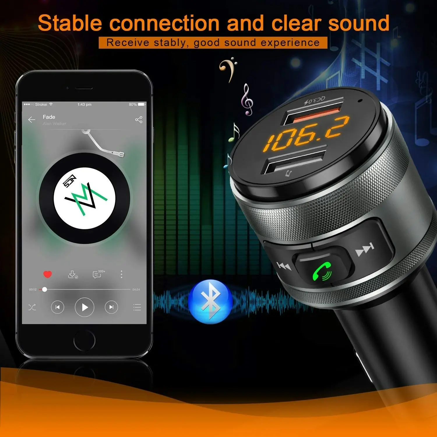 IMDEN Bluetooth FM transmitter for car, 3.0 Wireless Bluetooth FM Radio Adapter Music Player FM Transmitter/Car Kit with Hands Free Calling and 2 USB