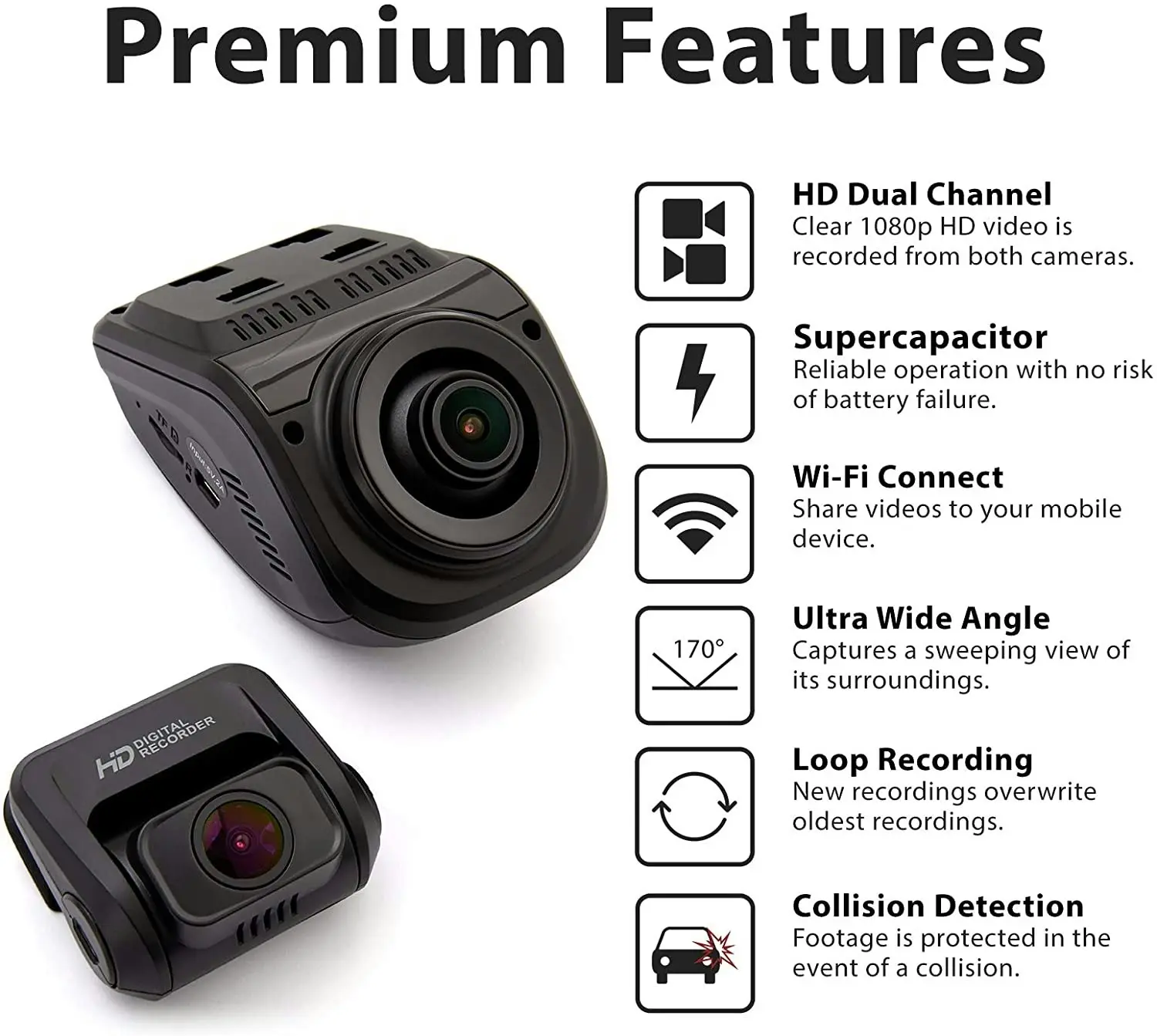 Rexing V1P 3rd Generation Dual 1080p Full HD Front and Rear 170 Degree Wide Angle Wi-Fi Car Dash Cam with Supercapacitor, 2.4" LCD Screen, G-Sensor, L