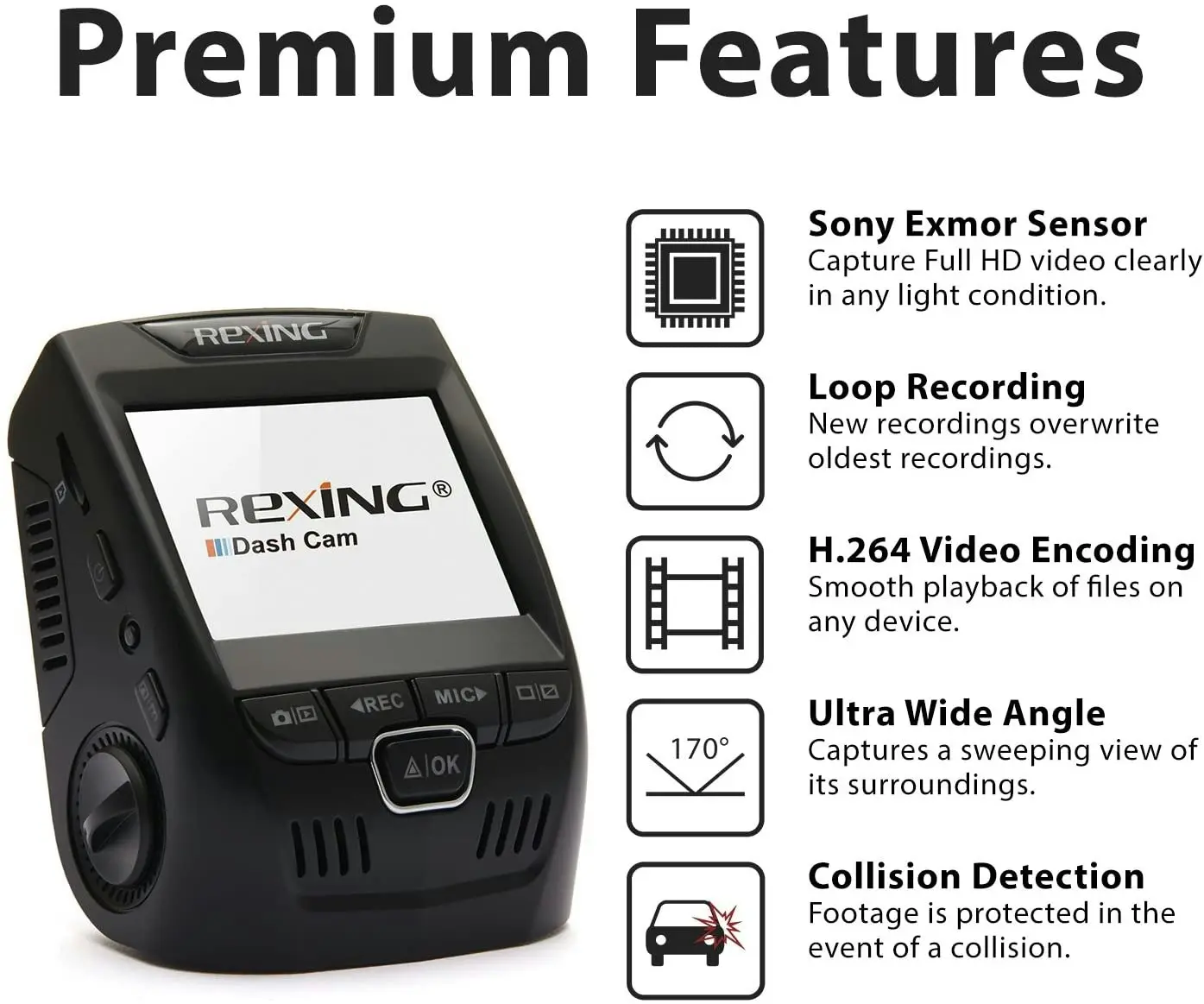 Rexing V1 Basic Dash Cam 1080P FHD DVR Car Driving Recorder with Sony Exmor Video Sensor, 2.4" LCD Screen 170°Wide Angle, G-Sensor, WDR, Parking Monit