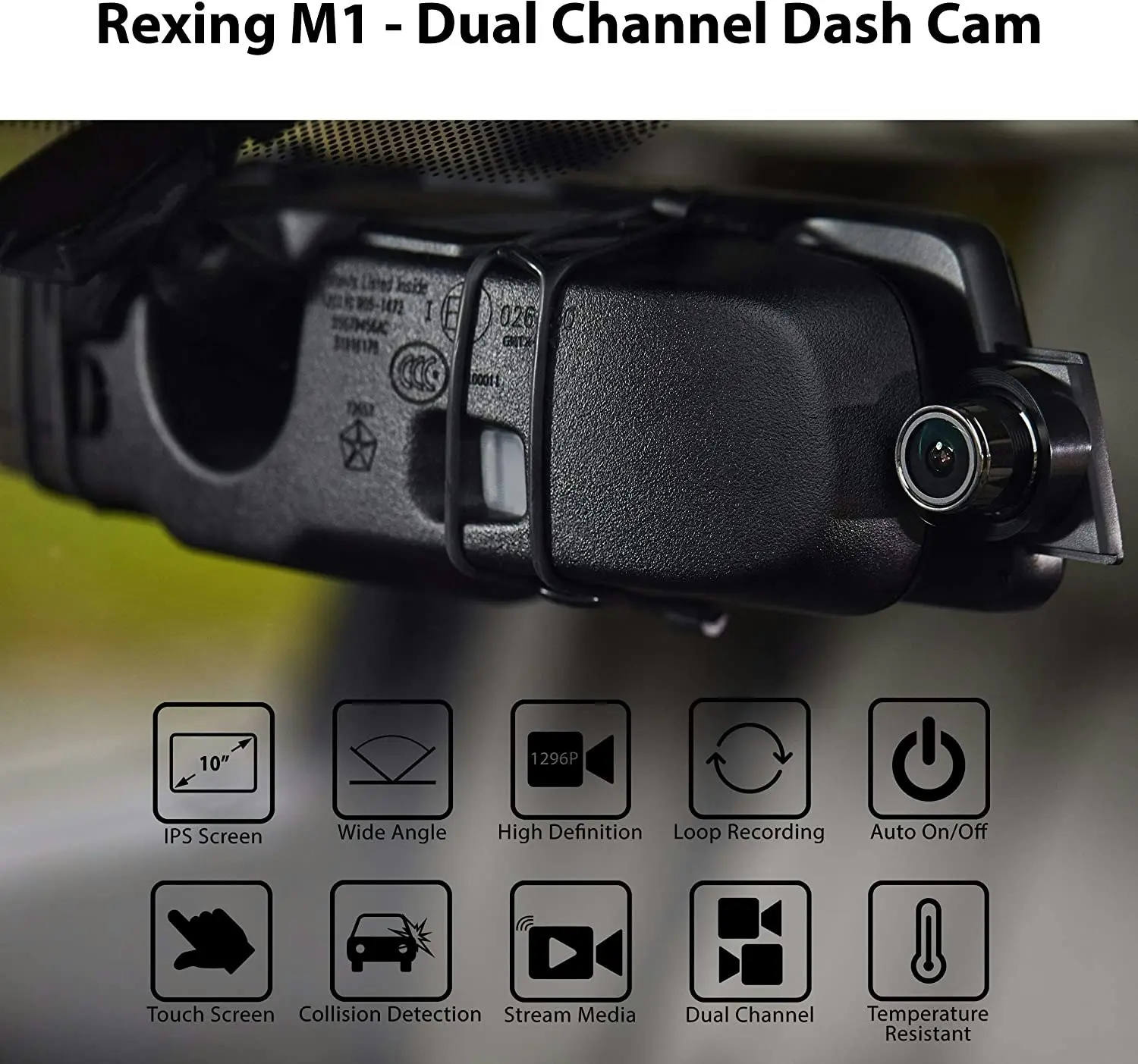 Rexing M1 HD Dual Channel Rear View 10” IPS Touch Screen Mirror Dash Cam 1296p + 720p Wide Angle Dashboard Streaming Media Recorder DVR with Rear Came