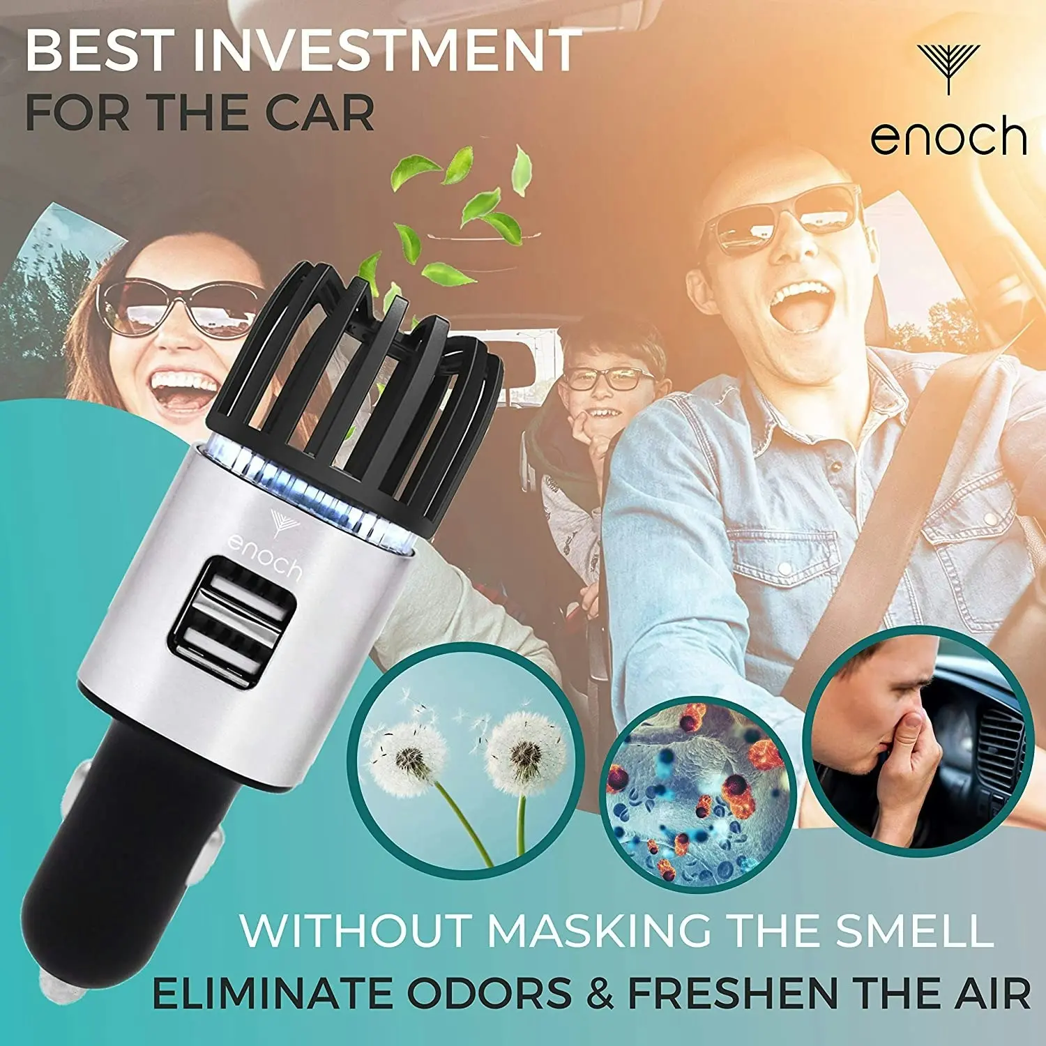 Enoch Car Air Purifier with USB Car Charger 2-Port. Car Air Freshener Eliminate Odor, Dust, Pollen. Removes Cigarette Smoke, Pet and Food Odor, Ionic