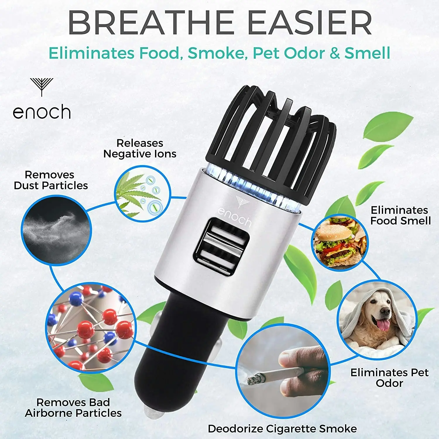 Enoch Car Air Purifier with USB Car Charger 2-Port. Car Air Freshener Eliminate Odor, Dust, Pollen. Removes Cigarette Smoke, Pet and Food Odor, Ionic