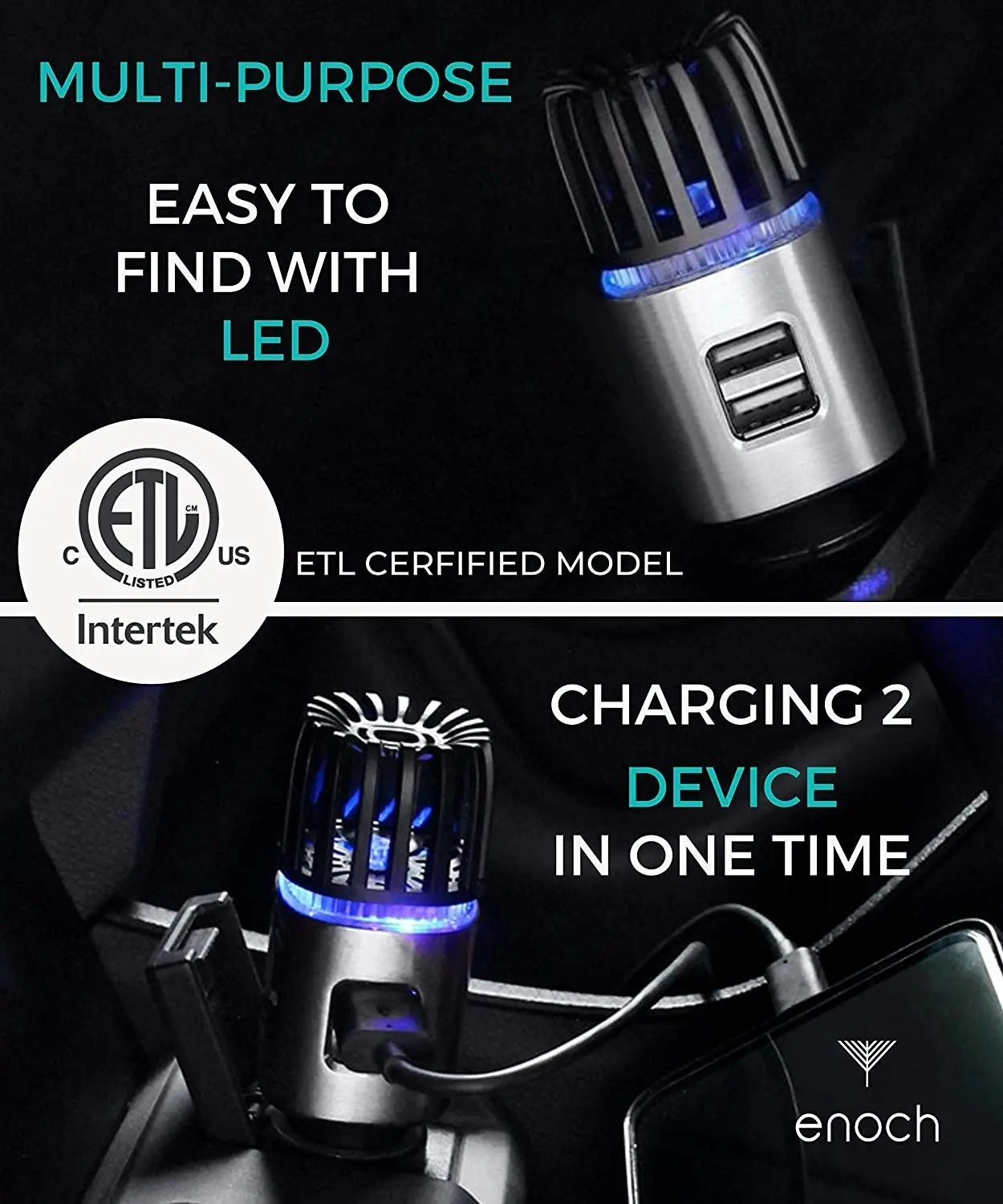 Enoch Car Air Purifier with USB Car Charger 2-Port. Car Air Freshener Eliminate Odor, Dust, Pollen. Removes Cigarette Smoke, Pet and Food Odor, Ionic