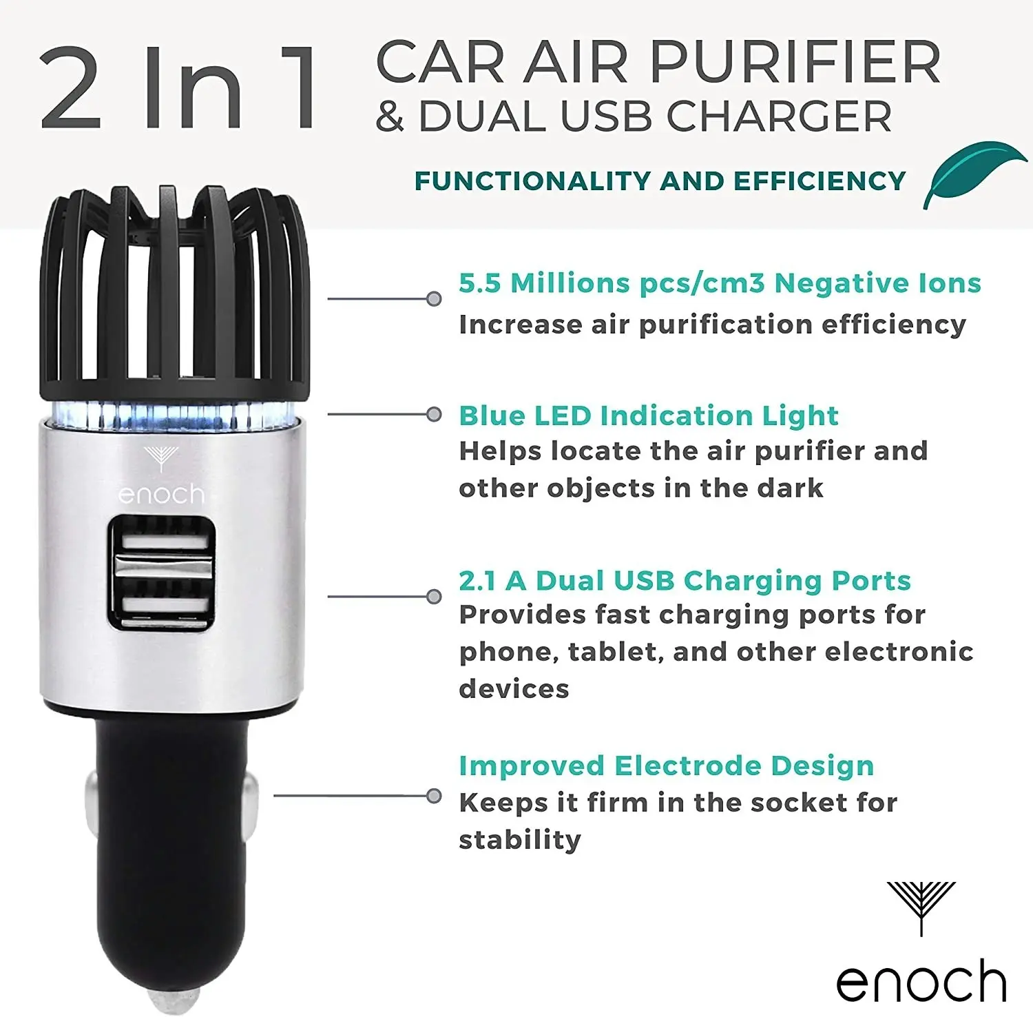 Enoch Car Air Purifier with USB Car Charger 2-Port. Car Air Freshener Eliminate Odor, Dust, Pollen. Removes Cigarette Smoke, Pet and Food Odor, Ionic