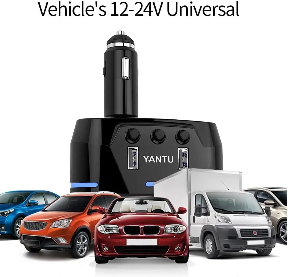 YANTU Cigarette Lighter Adapter 3 Socket Cigarette Lighter Splitter with LED Voltage Display Dual USB Car Charger On/Off Switches 12V Car Splitter Ada