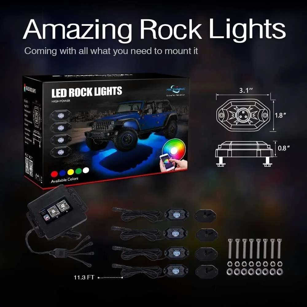 MICTUNING 2nd-Gen RGB LED Rock Lights with Bluetooth Controller, Timing Function, Music Mode - 4 Pods Multicolor Neon LED Light Kit