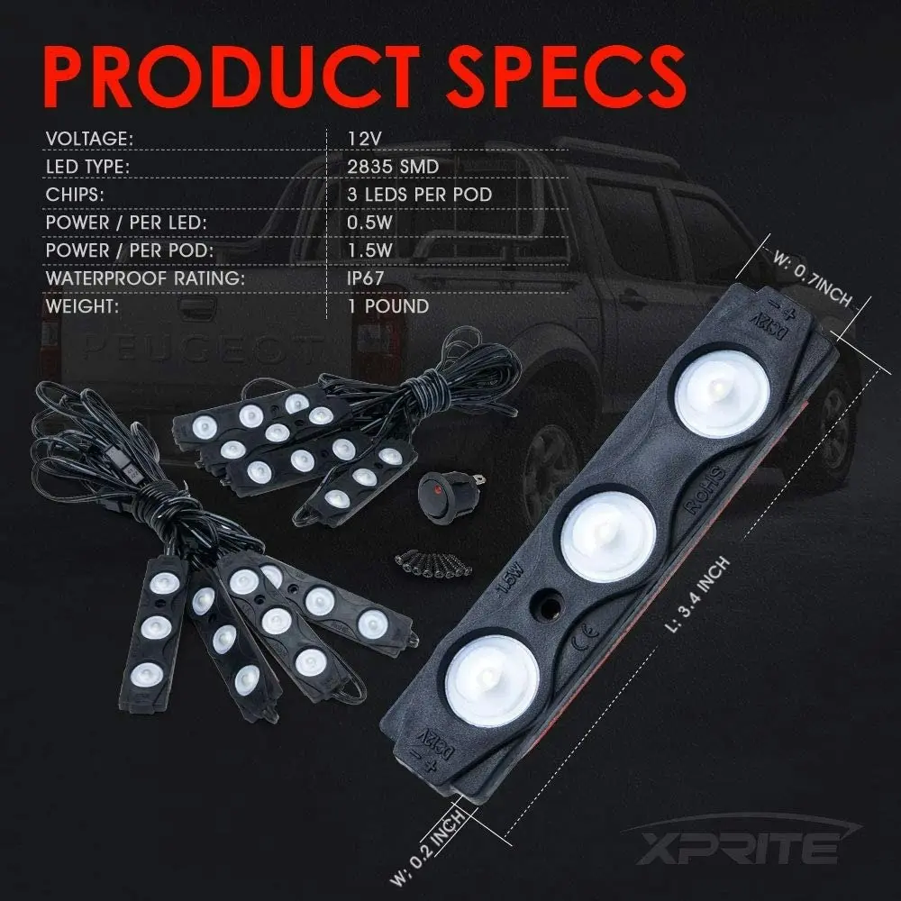 Xprite Led Rock Light for Bed Truck 24 LEDs Cargo Truck Pickup Bed Off Road Under Car Foot Wells Rail Lights Side Marker LED Rock Lighting Kit w/Switc