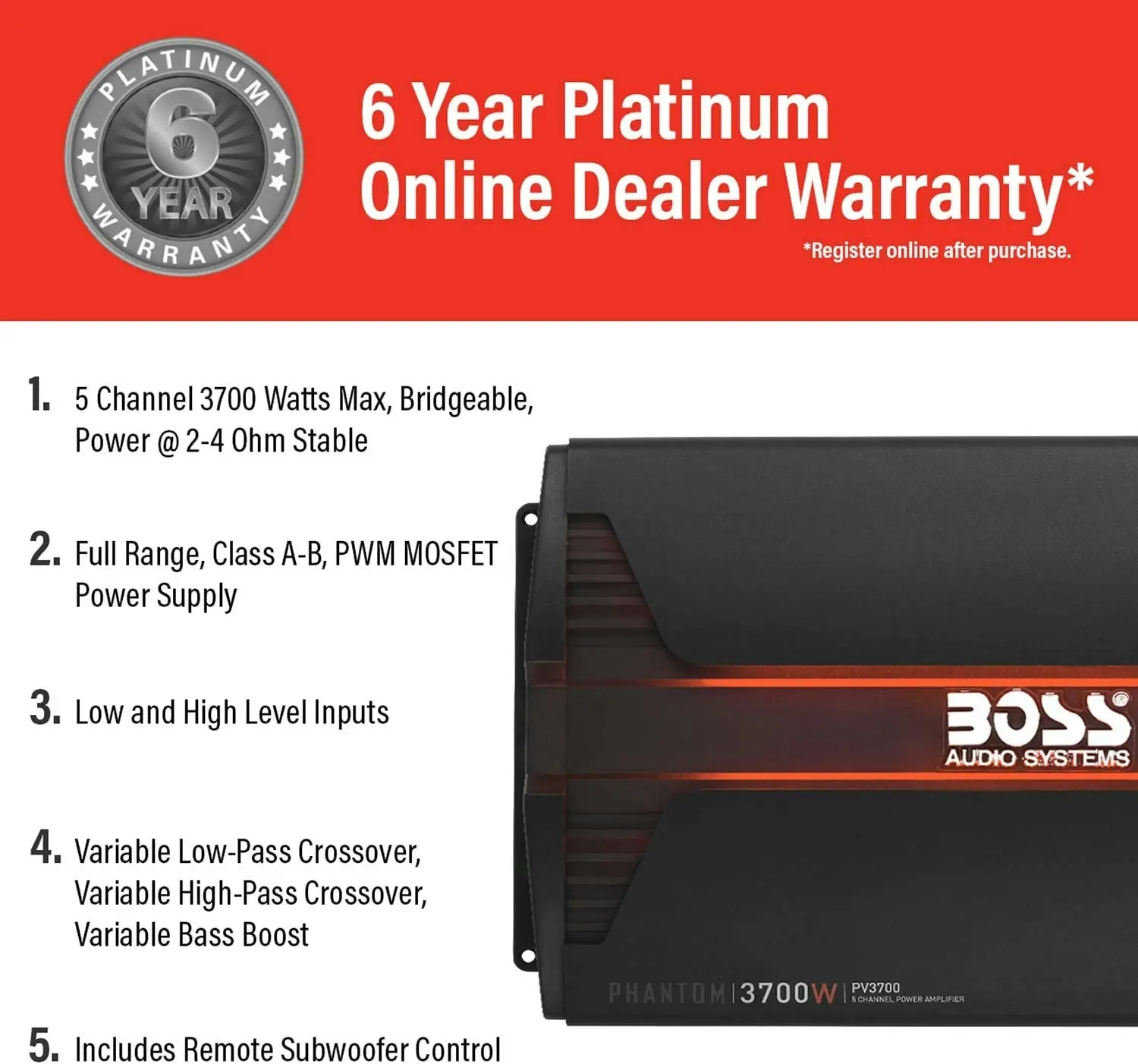 Boss Audio Systems PV3700 5 Channel Car Amplifier - 3700 Watts, Full Range, Class A-B, 2-4 Ohm Stable, Mosfet Power Supply, Bridgeable, Remote