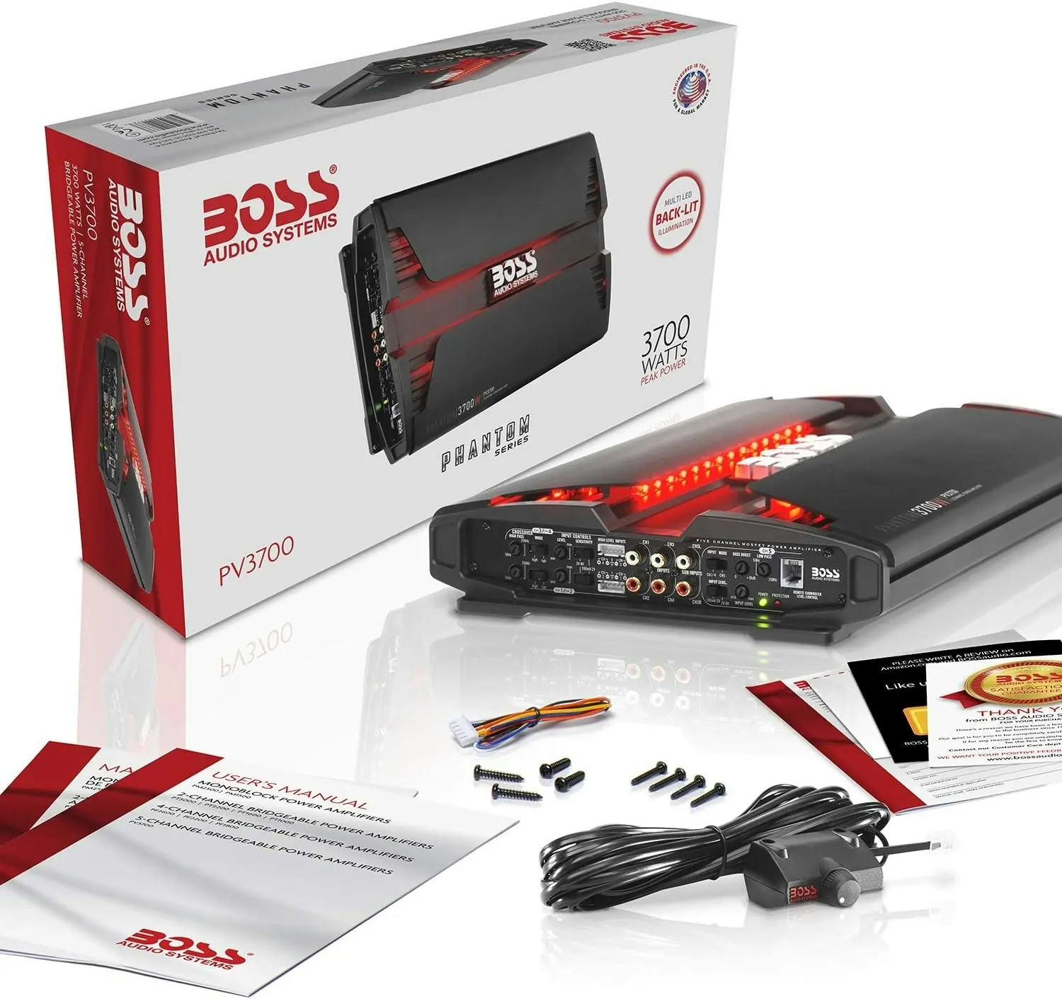 Boss Audio Systems PV3700 5 Channel Car Amplifier - 3700 Watts, Full Range, Class A-B, 2-4 Ohm Stable, Mosfet Power Supply, Bridgeable, Remote