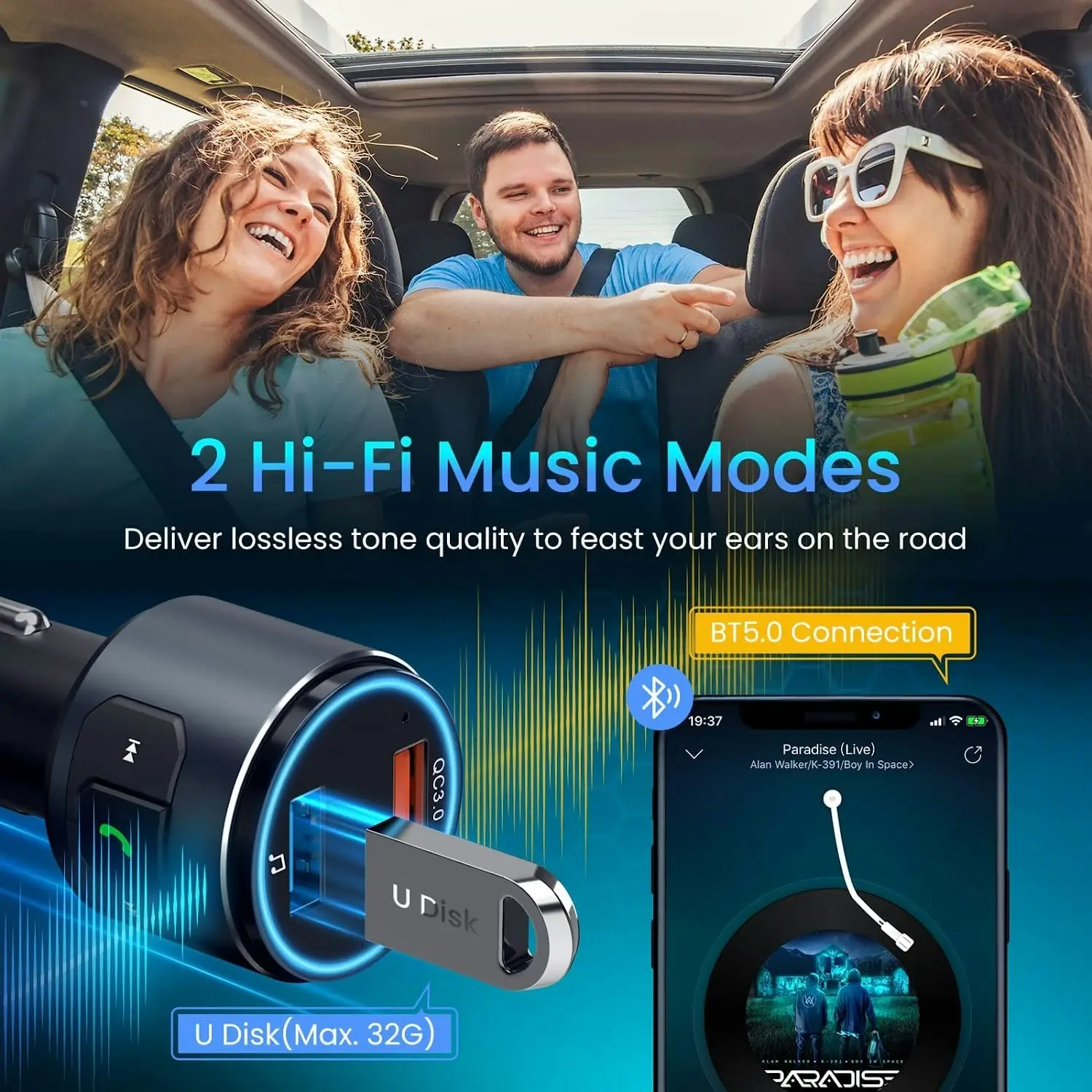 VicTsing (Upgraded Version) V5.0 Bluetooth FM Transmitter for Car, QC3.0 & LED Backlit Wireless Bluetooth FM Radio Adapter Music Player /Car Kit with