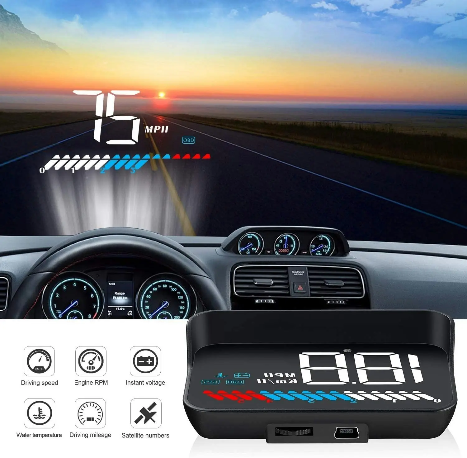 ACECAR Head up Display Car Universal Dual System 3.5’’ HUD OBD II/GPS Interface,Vehicle Speed MPH KM/h,Engine RPM,OverSpeed Warning,Mileage Measuremen