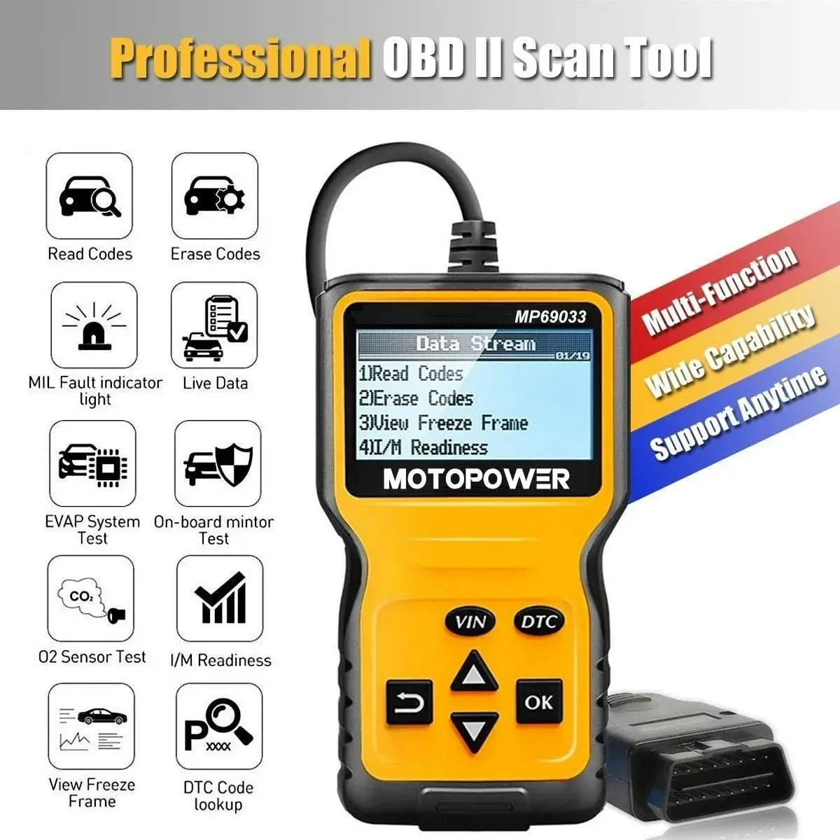 MOTOPOWER MP69033 Car OBD2 Scanner Code Reader Engine Fault Code Reader Scanner CAN Diagnostic Scan Tool for All OBD II Protocol Cars Since 1996, Yell