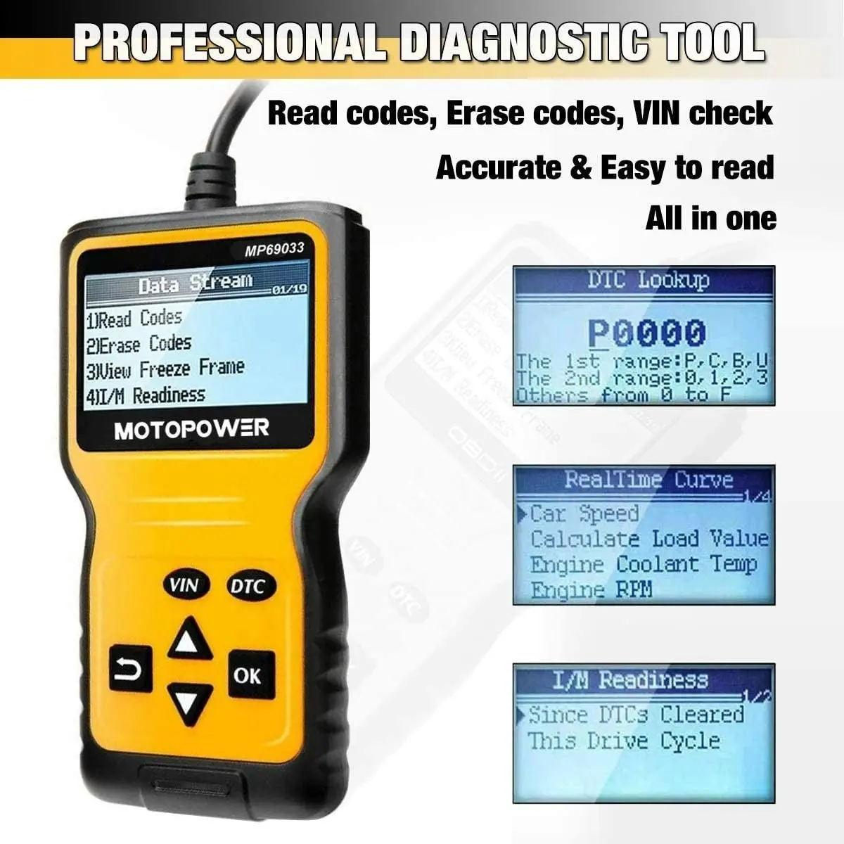 MOTOPOWER MP69033 Car OBD2 Scanner Code Reader Engine Fault Code Reader Scanner CAN Diagnostic Scan Tool for All OBD II Protocol Cars Since 1996, Yell