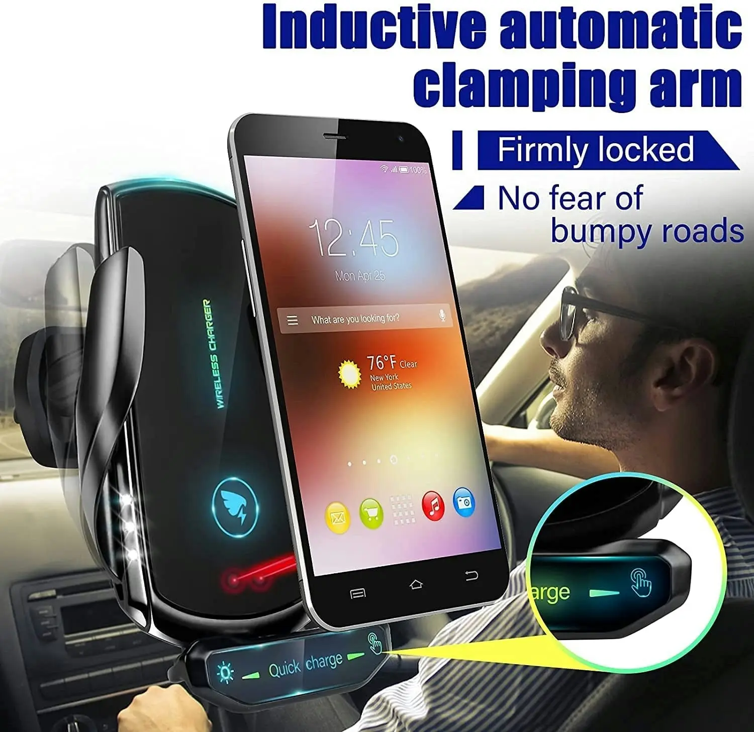 Geviner Wireless Car Charger for All Smartphones, 15W QI Fast Charging，Auto-Clamping Car Wireless Charger Air Vent Car Phone Mount (Black)