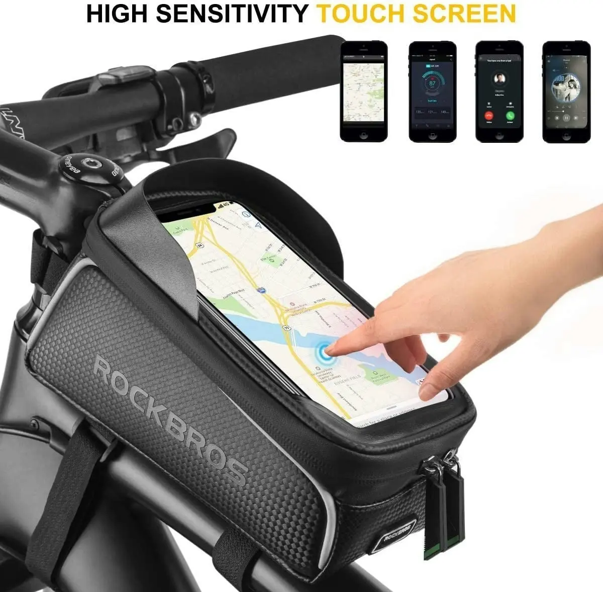 ROCKBROS Bike Bag Top Tube Waterproof Bicycle Frame Bag Touch Screen Bike Pouch Bike Cell Phone Holder for Iphone 12 11 7 8 plus Xs Max below 6.7”