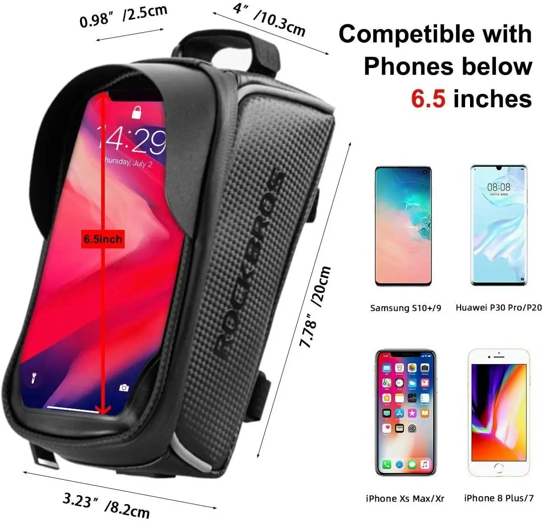 ROCKBROS Bike Bag Top Tube Waterproof Bicycle Frame Bag Touch Screen Bike Pouch Bike Cell Phone Holder for Iphone 12 11 7 8 plus Xs Max below 6.7”