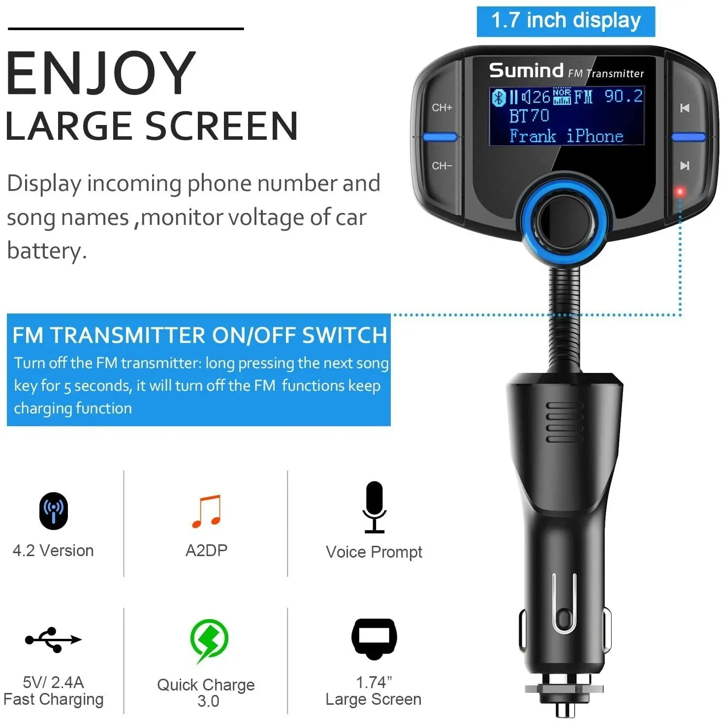 Car Adapter In-Car FM Transmitter, Wireless Radio Adapter 1.7 Inch Display, QC3.0/2.4A Dual USB Ports, AUX Output,Mp3 Player with Magnetic Mount and Plate