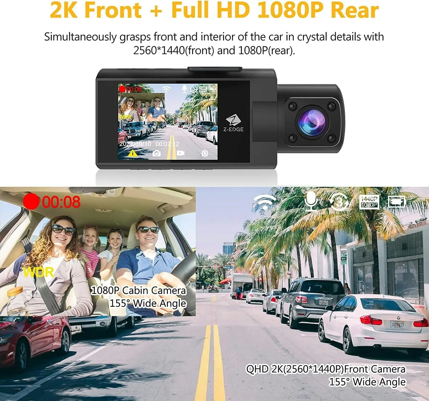 Z Z-Edge Dash Cam, Z3Pro Dash Cam Front and Inside, 2K+1080P Front and inside Dual Dash Cam, Car Camera, IR Night Vision, Parking Mode, G-Sensor, Support 256GB