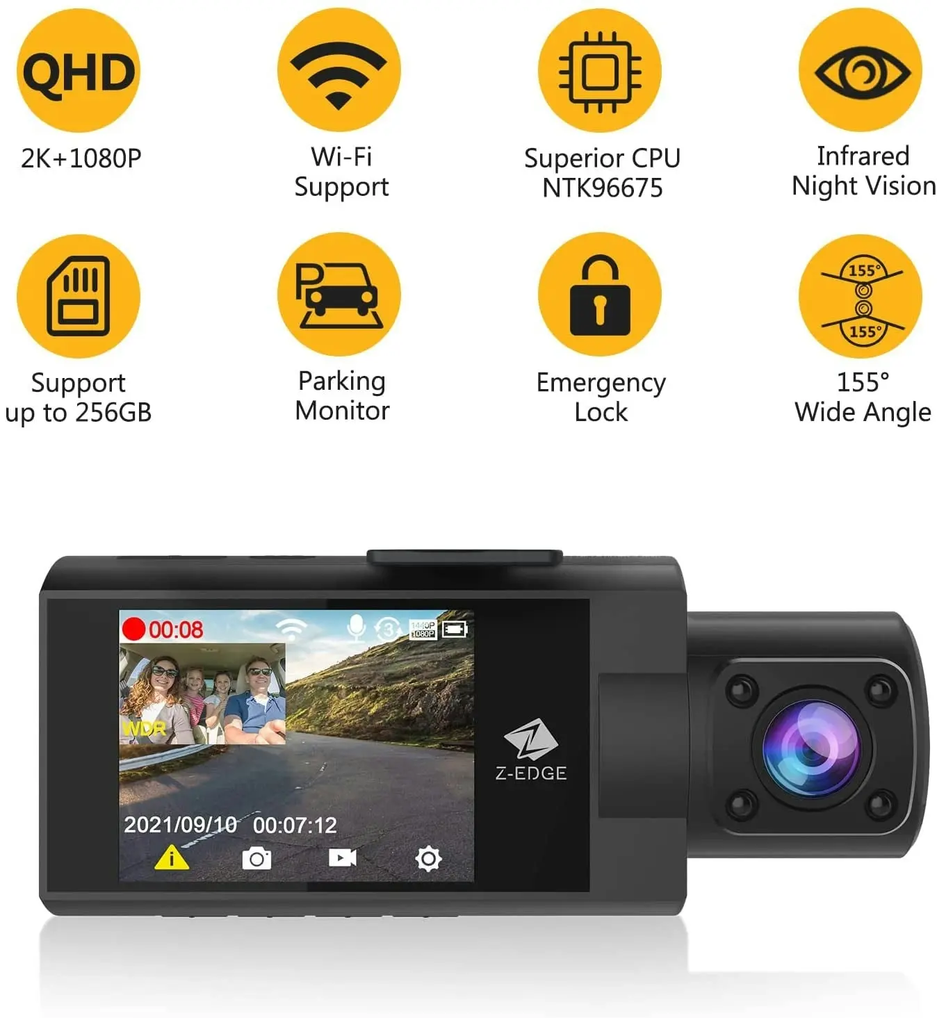 Z Z-Edge Dash Cam, Z3Pro Dash Cam Front and Inside, 2K+1080P Front and inside Dual Dash Cam, Car Camera, IR Night Vision, Parking Mode, G-Sensor, Support 256GB