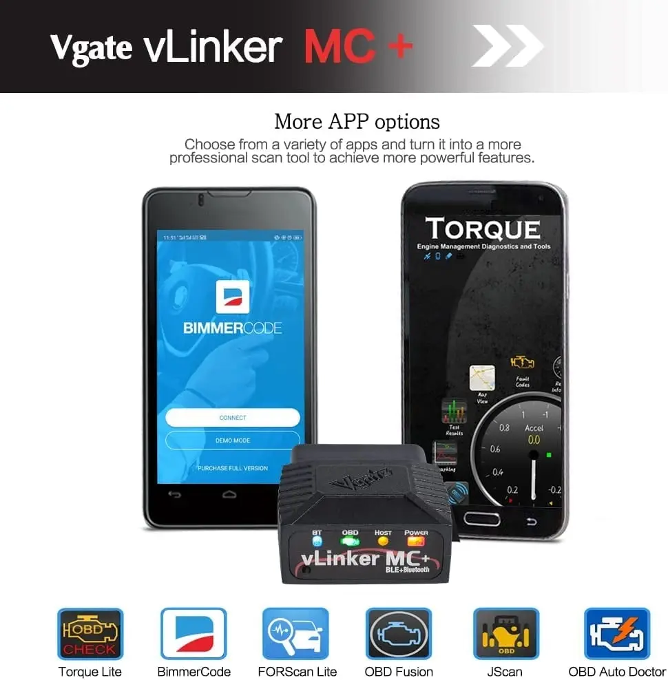 Vgate Vlinker MC+ Bluetooth OBD2 Car Diagnostic Scan Tool for Iphone Ios, Android & Windows