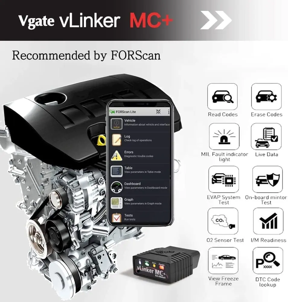 Vgate Vlinker MC+ Bluetooth OBD2 Car Diagnostic Scan Tool for Iphone Ios, Android & Windows