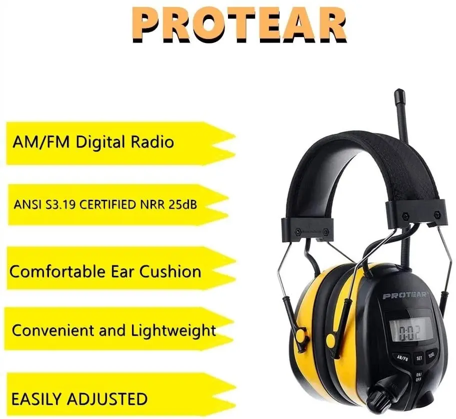 PROTEAR Digital AM FM Radio Headphones, Ear Protection Safety Ear Muffs, Electronic Noise Reduction Ear Defender for Mowing Lawn Working (Yellow)