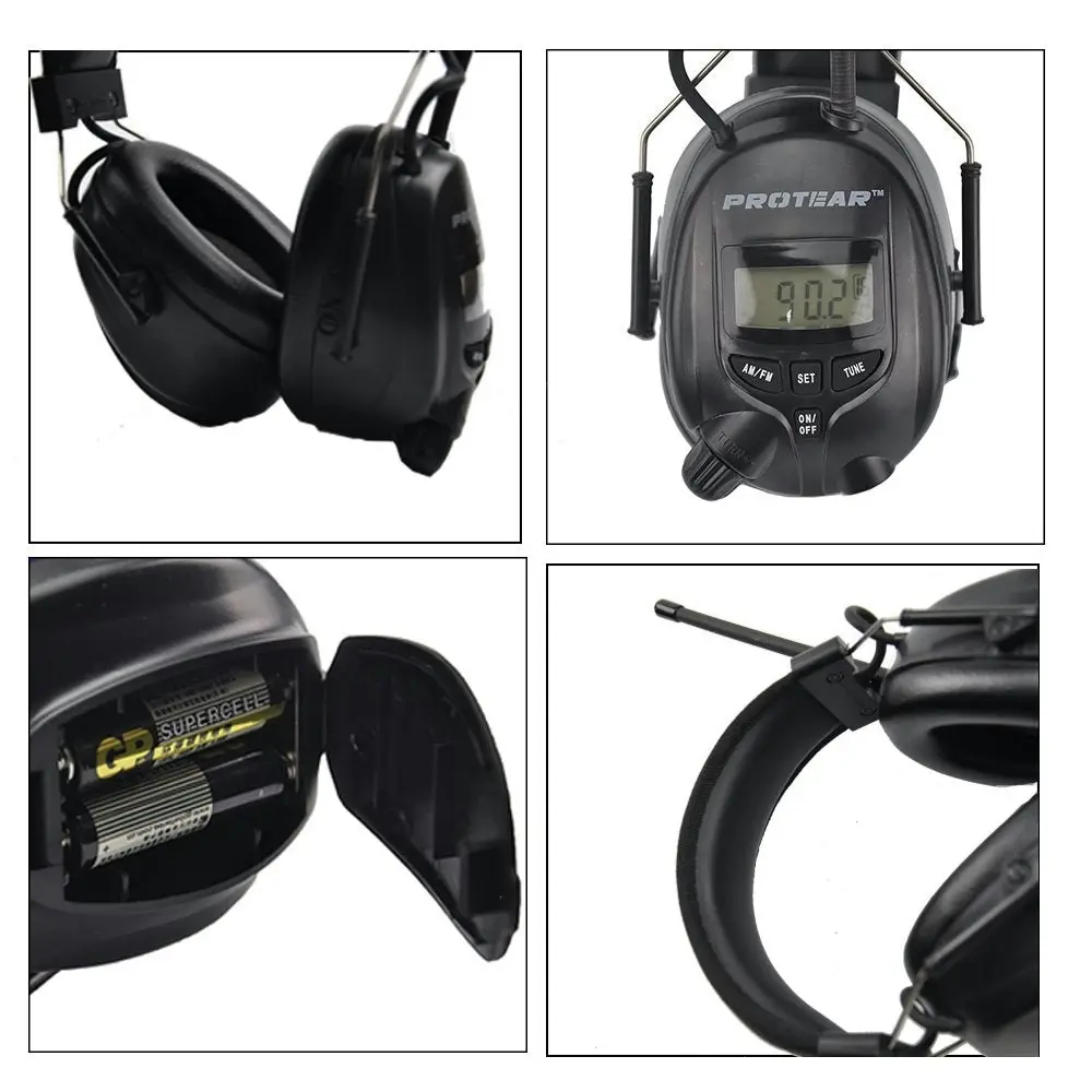 PROTEAR Radio Headphones Hearing Protector Safety Earmuffs AM/FM Electronic Noise Reduction Rate 25dB for Mowing Working-Black