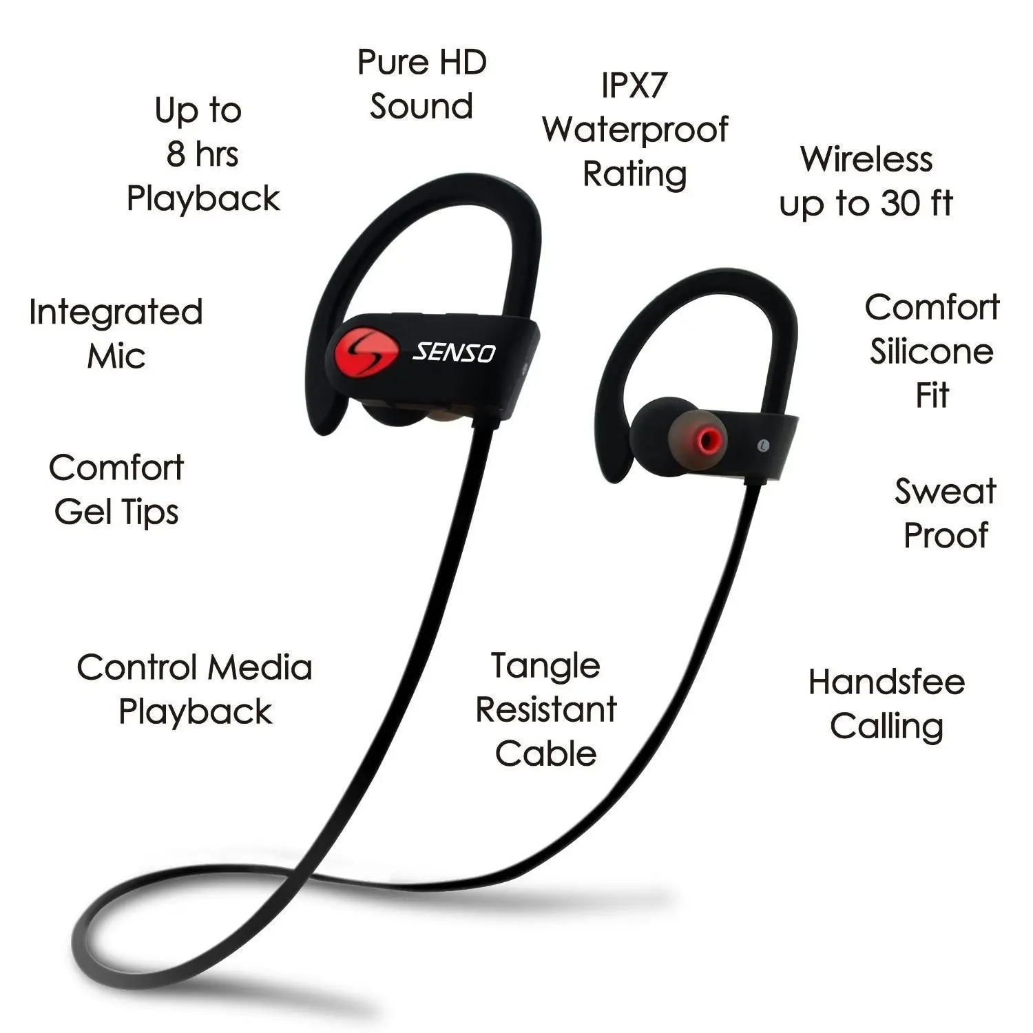 Senso Bluetooth Headphones, Best Wireless Sports Earphones w/ Mic IPX7 Waterproof HD Stereo Sweatproof Earbuds for Gym Running