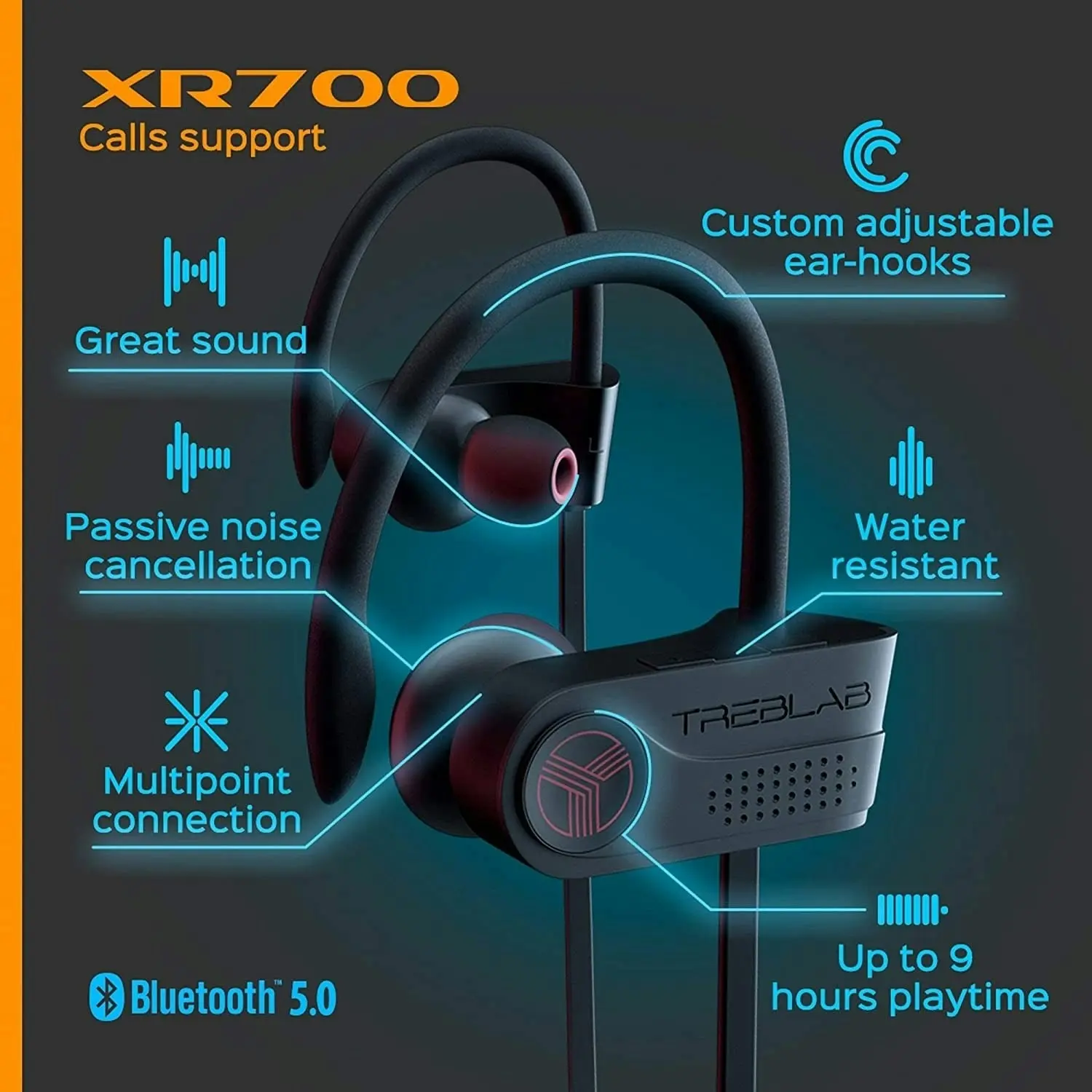 TREBLAB XR700 - Wireless Running Earbuds - Top Sports Headphones, Custom Adjustable Earhooks, Bluetooth 5.0 IPX7 Waterproof,Rugged Workout Earphones,