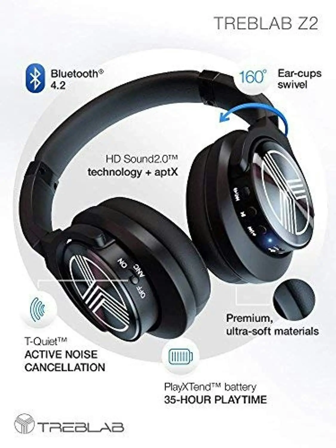 TREBLAB Z2 Supreme Bluetooth Wireless Headphones - Active Noise Cancelling T-Quiet, Flawless aptX Sound, Neodymium 40mm Speakers