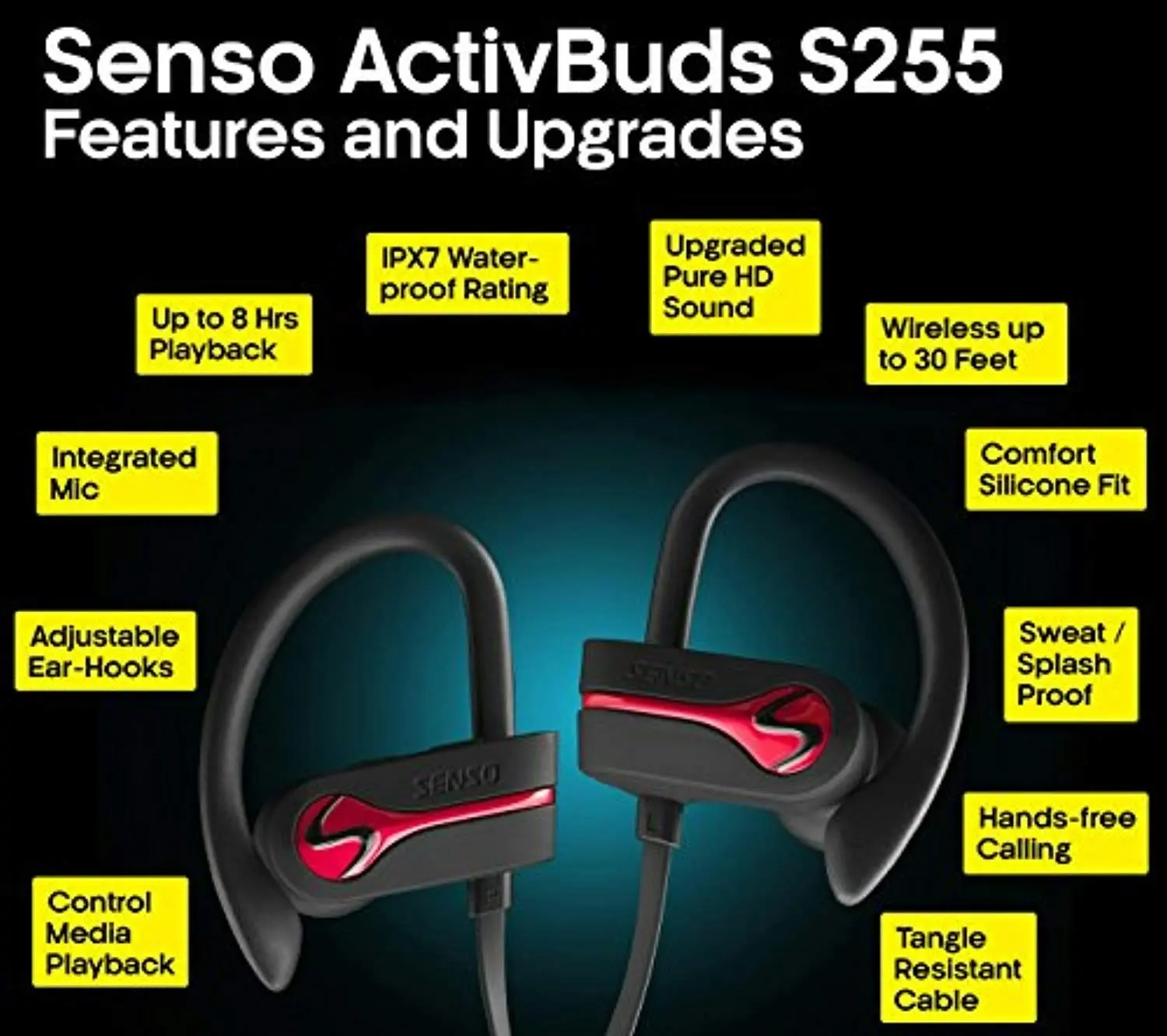 Senso Bluetooth Wireless Headphones, Best Sports Earphones w/Mic IPX7 Waterproof HD Stereo Sweatproof Earbuds for Gym Running