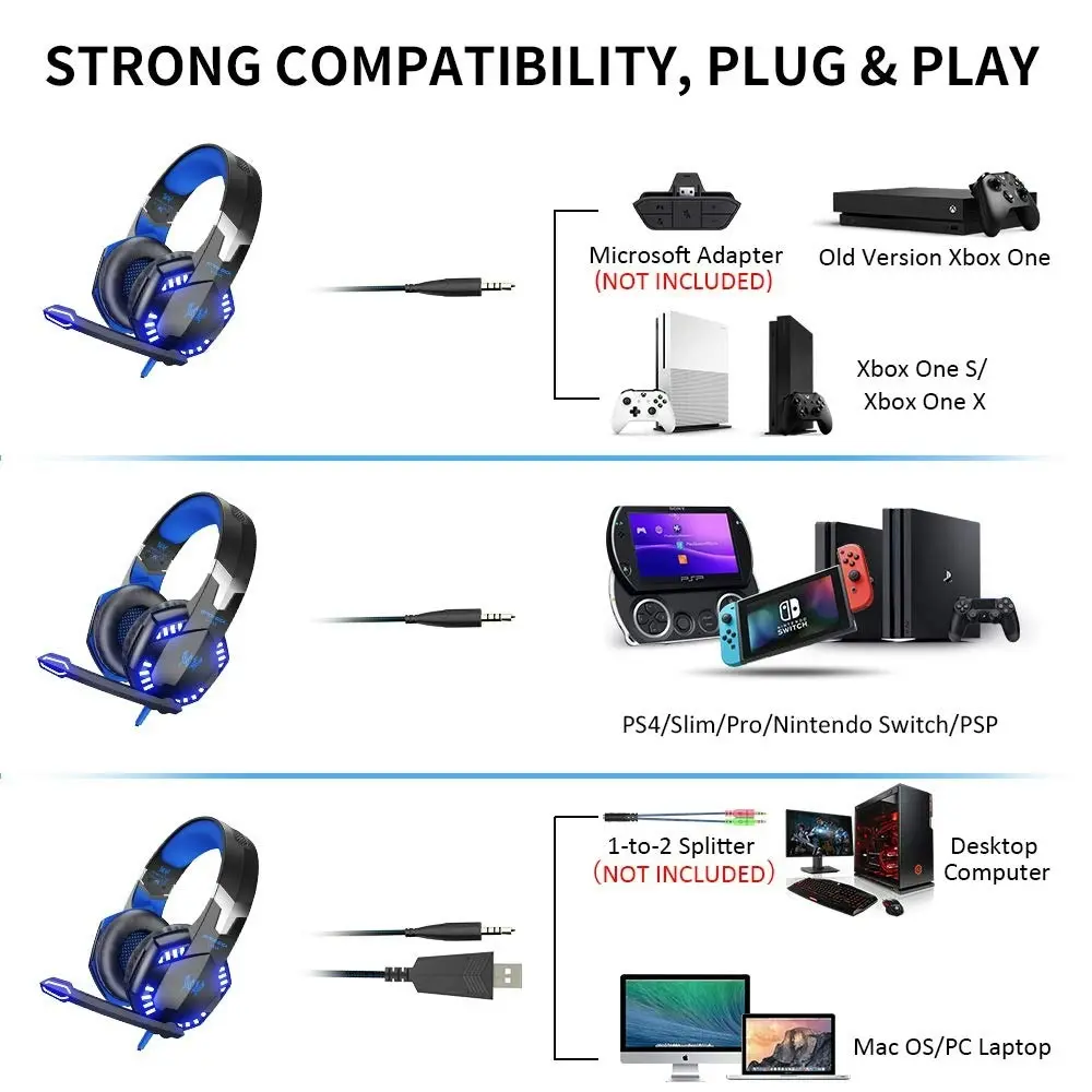 VersionTECH G2000 Stereo Gaming Headset for Xbox One PS4 PC Surround Sound Over-Ear Headphones with Noise Cancelling Mic LED Lights