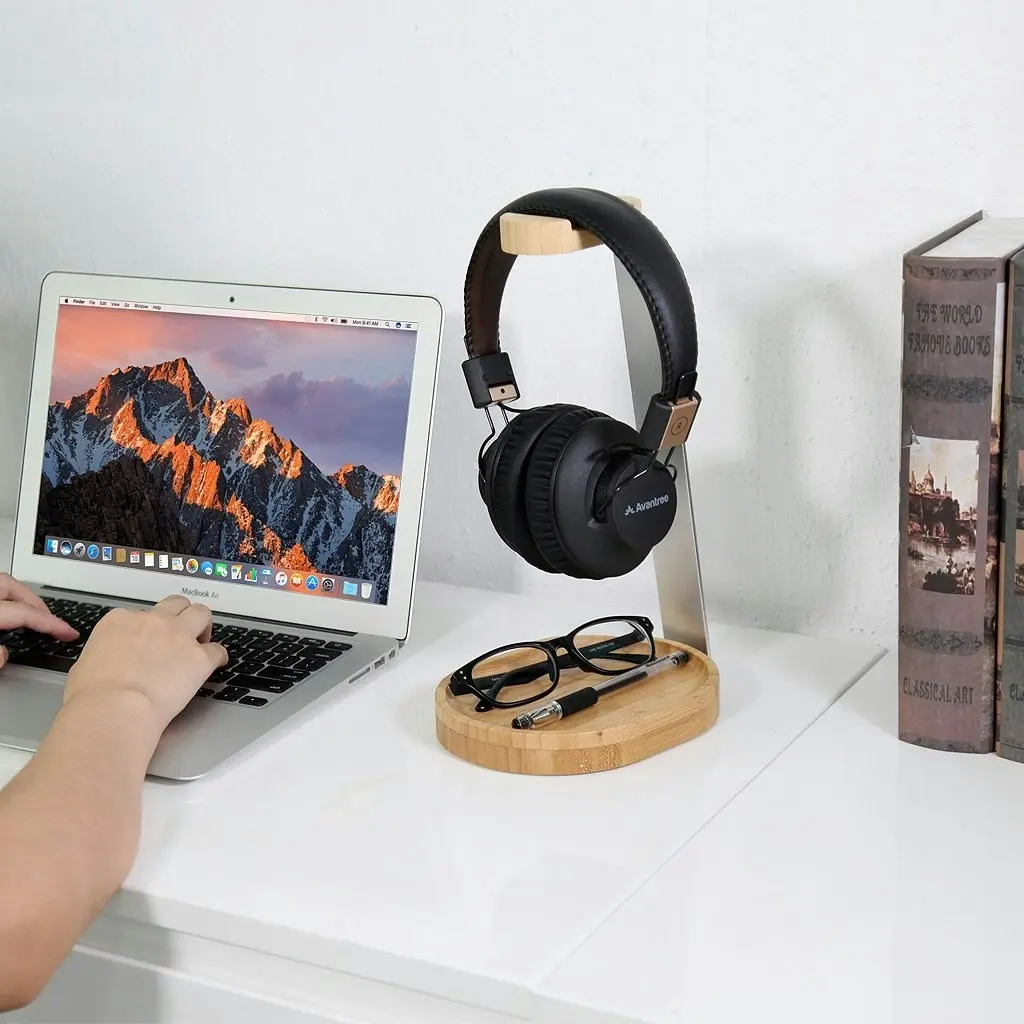 Avantree Universal Wooden & Aluminum Headphone Stand Hanger with Cable Holder for Gaming Headset and Earphone Display