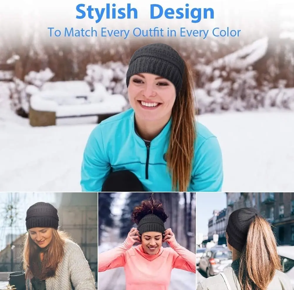 HighEver Bluetooth Beanie Hat for Women - Stocking Stuffer Gifts for Women Ponytail Cap, Upgraded Bluetooth 5.0 Winter Warm Hat Wireless Headphones wi