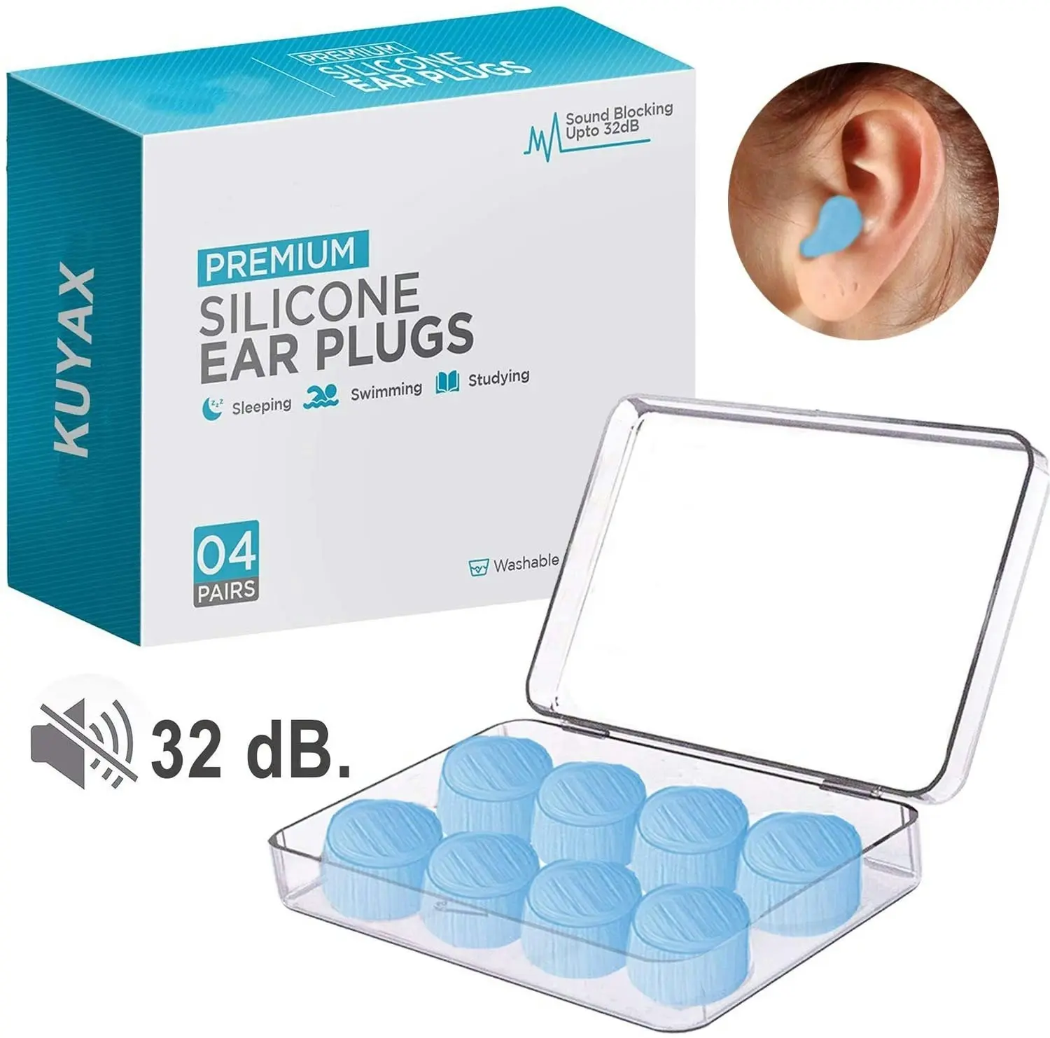 Kuyax Ear Plugs for Sleeping, Reusable Silicone Moldable Noise Cancelling Sound Blocking Reduction Earplugs for Swimming, Snoring, Concerts, Shooting,