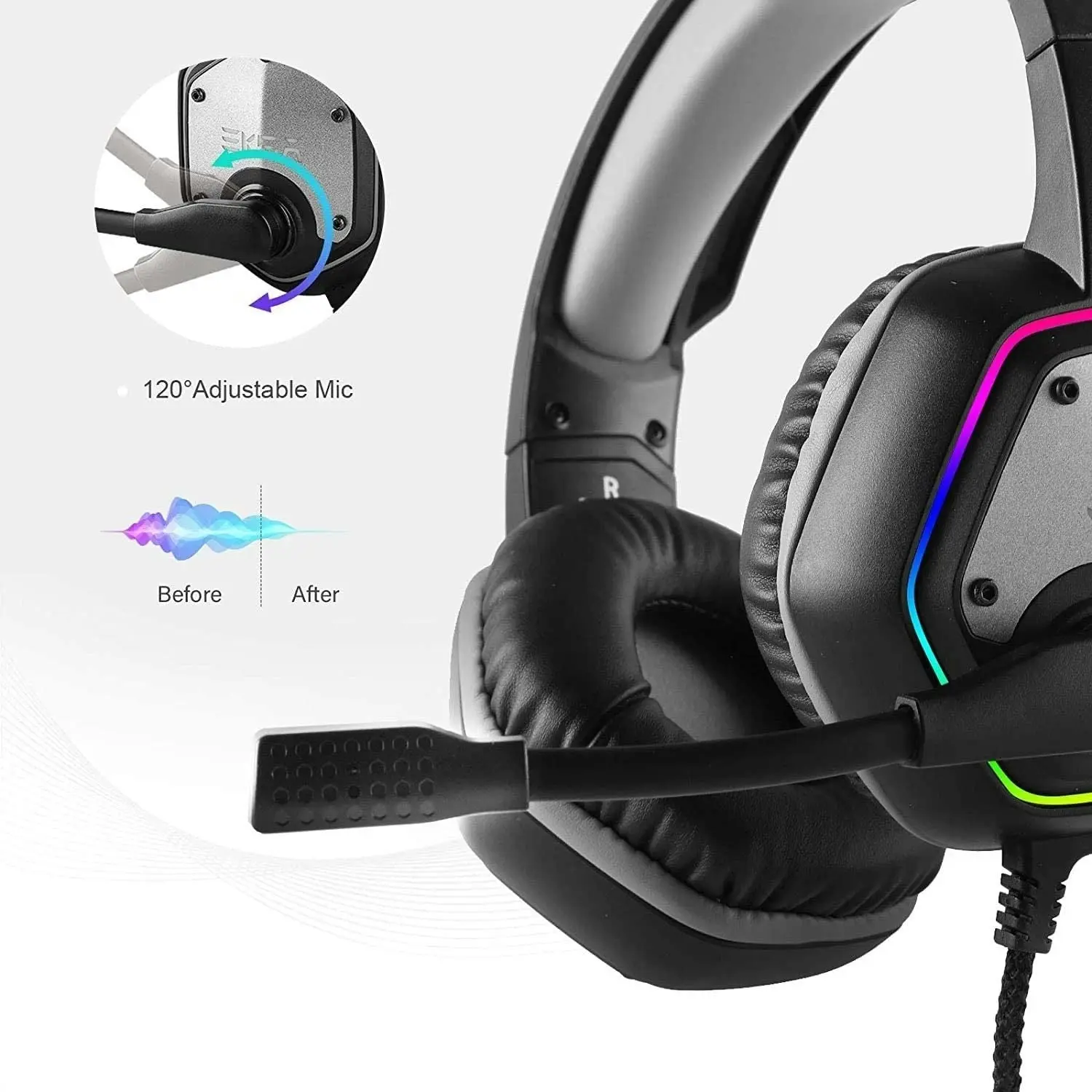 EKSA E1000 USB Gaming Headset for PC - Computer Headphones with Microphone/Mic Noise Cancelling, 7.1 Surround Sound Wired Headset&RGB Light - Gaming H