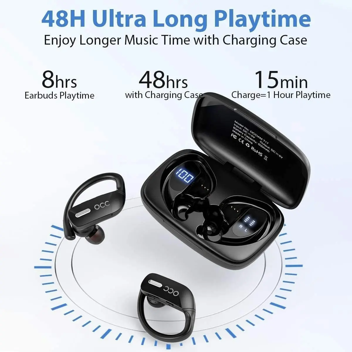 OCCIAM Wireless Earbuds Bluetooth Headphones 48H Play Back Earphones in Ear Waterproof with Microphone LED Display for Sports Running Workout Black