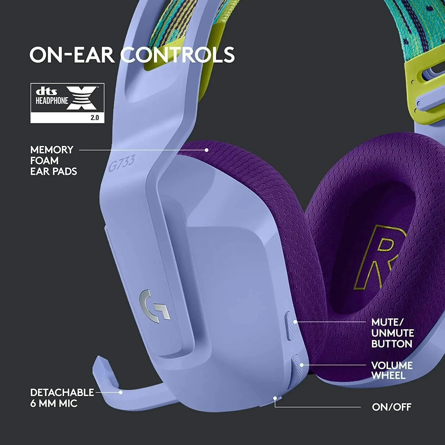 Logitech G733 Lightspeed Wireless Gaming Headset with Suspension Headband, LIGHTSYNC RGB, Blue VO!CE Mic Technology and PRO-G Audio Drivers - Lilac