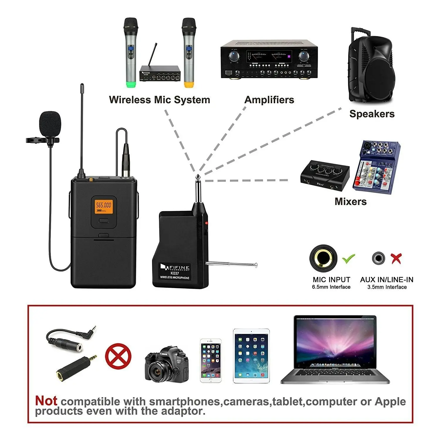 FIFINE 20-Channel UHF Wireless Lavalier Lapel Microphone System with Bodypack Transmitter, Mini XLR Female Lapel Mic and Portable Receiver, 1/4 Inch O