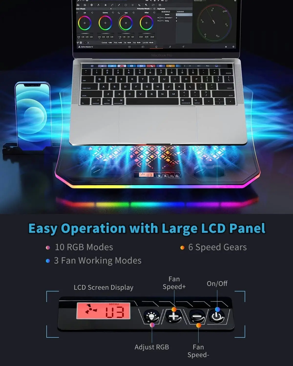 Laptop Cooling Pad, KeiBn RGB Lights Laptop Cooler 6 Fans for 15.6-17.3 Inch Laptops, 7 Height Stands, 10 Modes Light, 2 USB Ports, Desk or Lap Use (A8,Red)