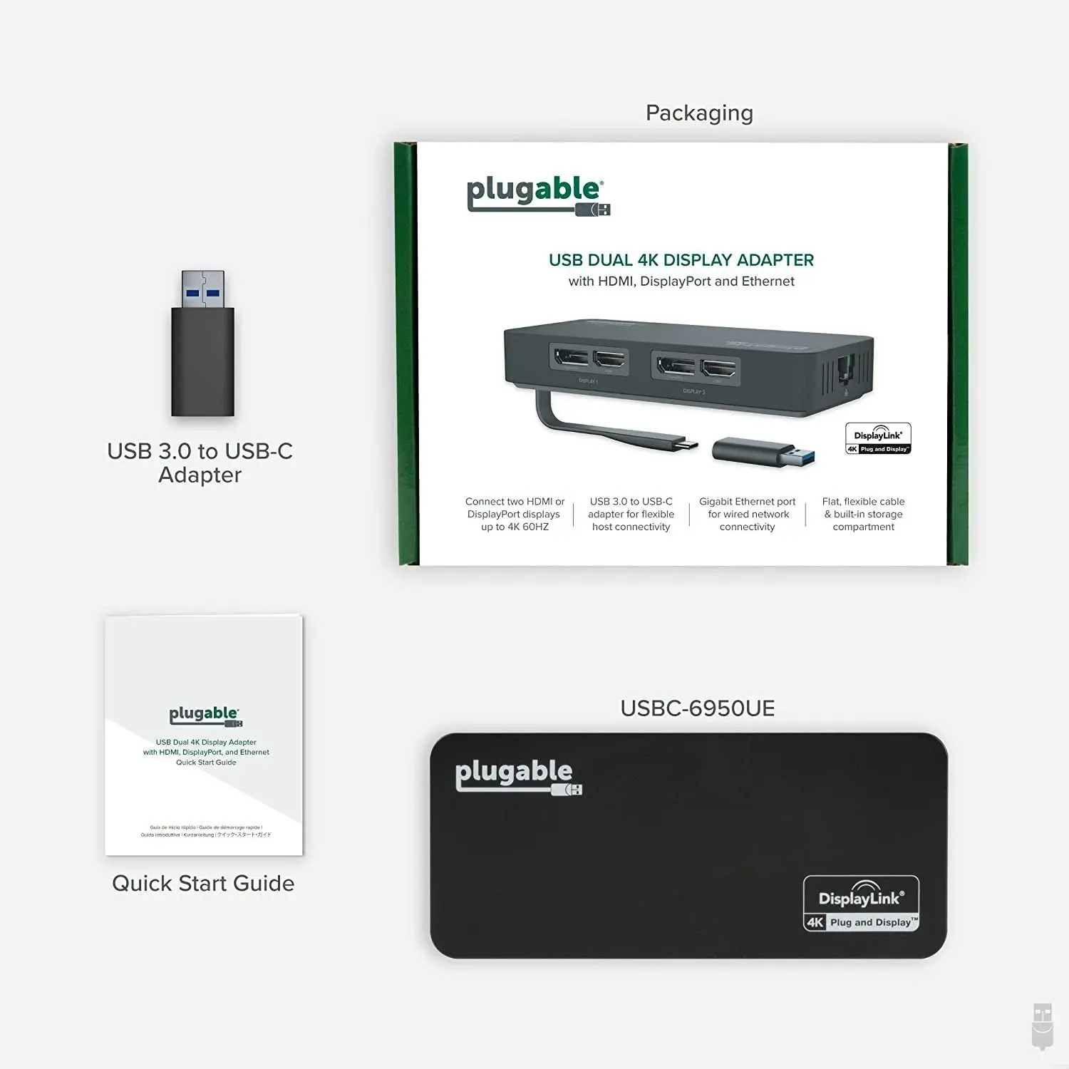 Plugable 4K Displayport and HDMI Dual Monitor Adapter with Ethernet for USB 3.0 and USB-C, Compatible with Windows and Mac