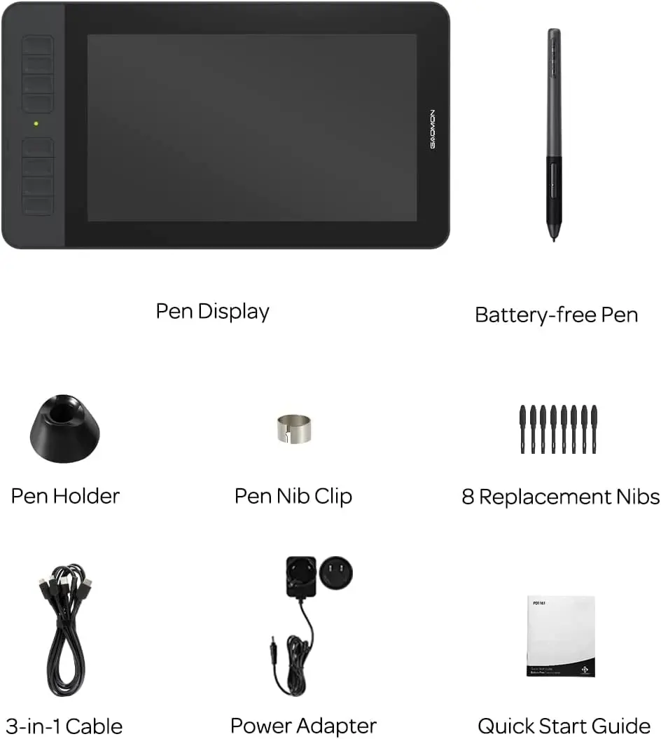 GAOMON PD1161 11.6 Inches HD IPS Tilt Support Graphics Drawing Pen Display Tablet with 8 Shortcuts and 8192 Levels Battery-Free AP50 Stylus