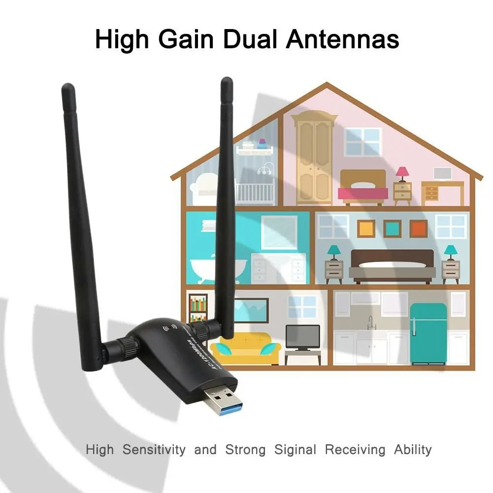 Techkey Wireless USB WiFi Adapter, 1200Mbps Dual Band 2.4GHz/300Mbps 5GHz/867Mbps High Gain Dual 5dBi Antennas Network WiFi USB 3.0 for Desktop Laptop