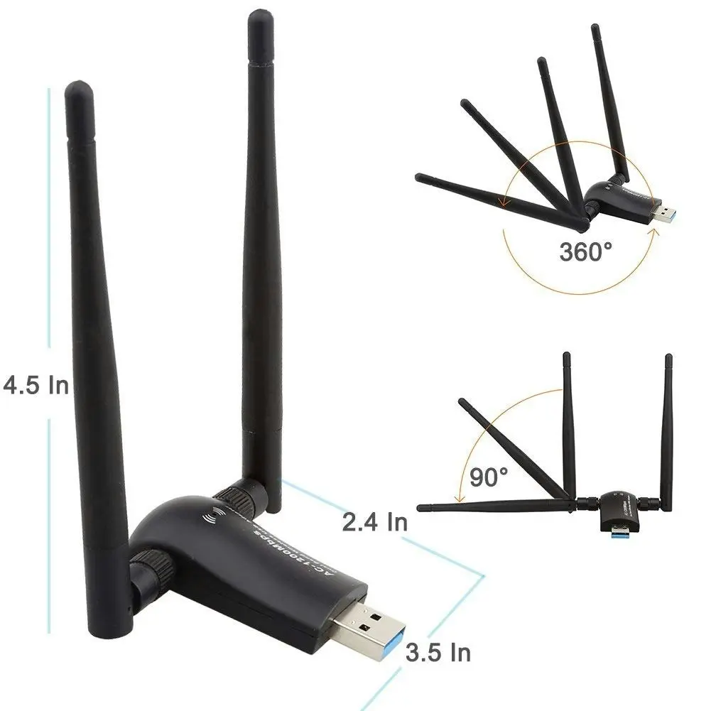 Techkey Wireless USB WiFi Adapter, 1200Mbps Dual Band 2.4GHz/300Mbps 5GHz/867Mbps High Gain Dual 5dBi Antennas Network WiFi USB 3.0 for Desktop Laptop